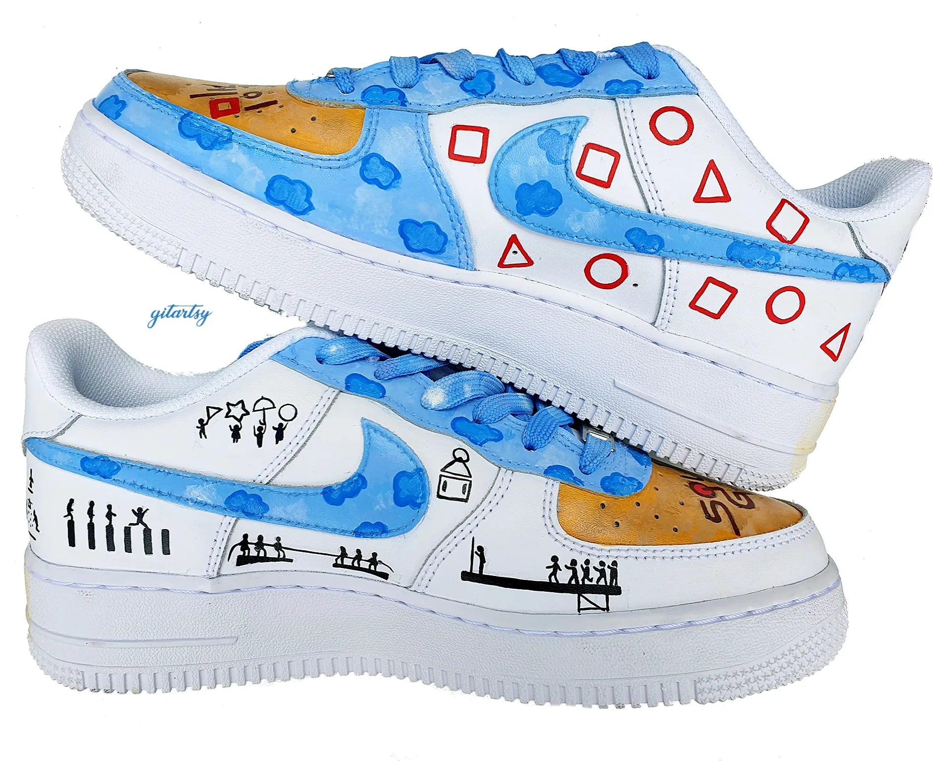 Netflix series Squid Game doll, guards and icons painted on Nike AF1 sneakers with detailed blue sky background - zoomed in view