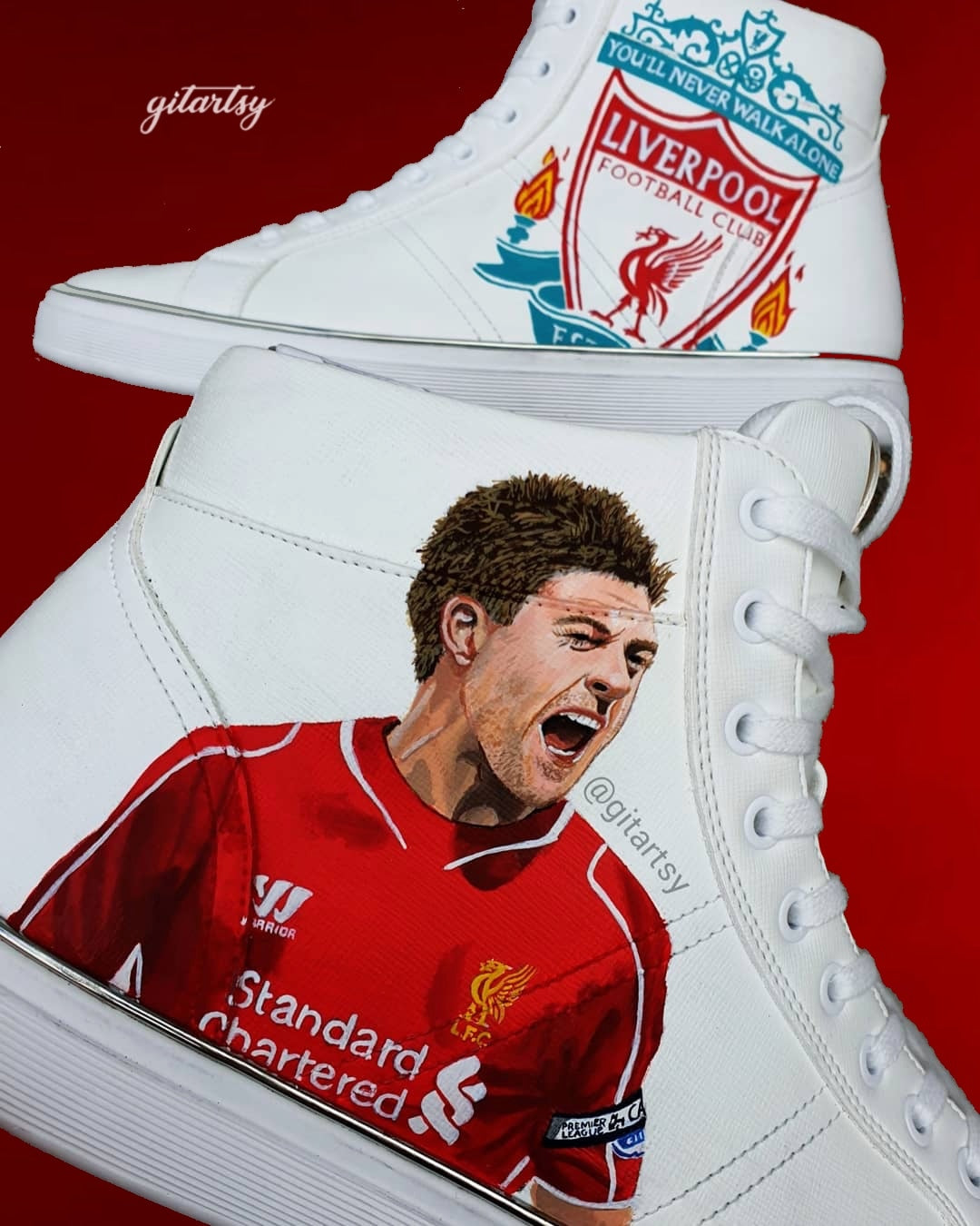 Custom hand-painted white sneakers featuring iconic football legends in team kits, including club crests and themed accents. Created by Gitartsy, each shoe includes bold illustrations, waterproof paint, and personalized elements, making them a premium collectible for fans and sneakerheads alike.

