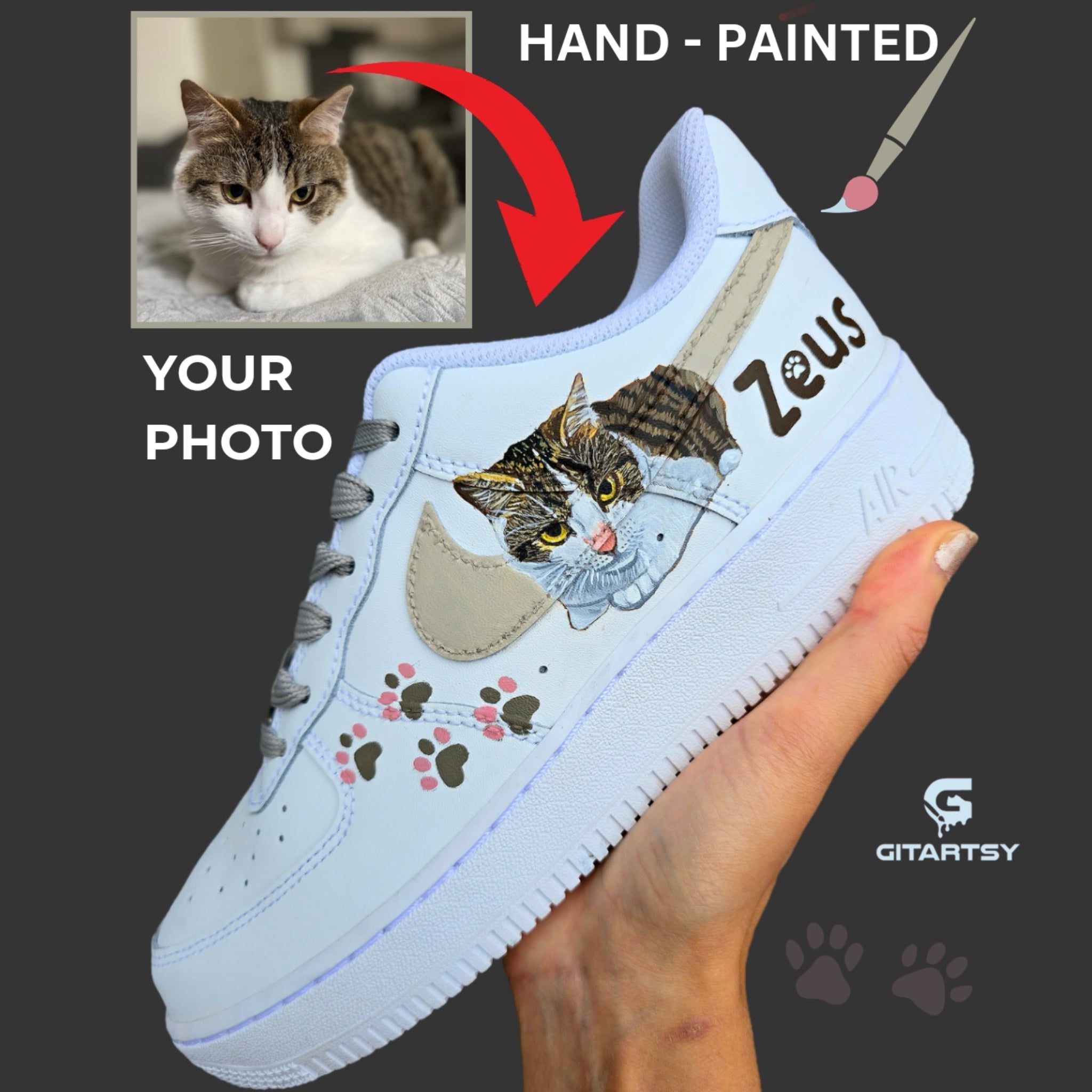 Custom hand painted realistic cat portrait Nike Air Force 1 sneakers 