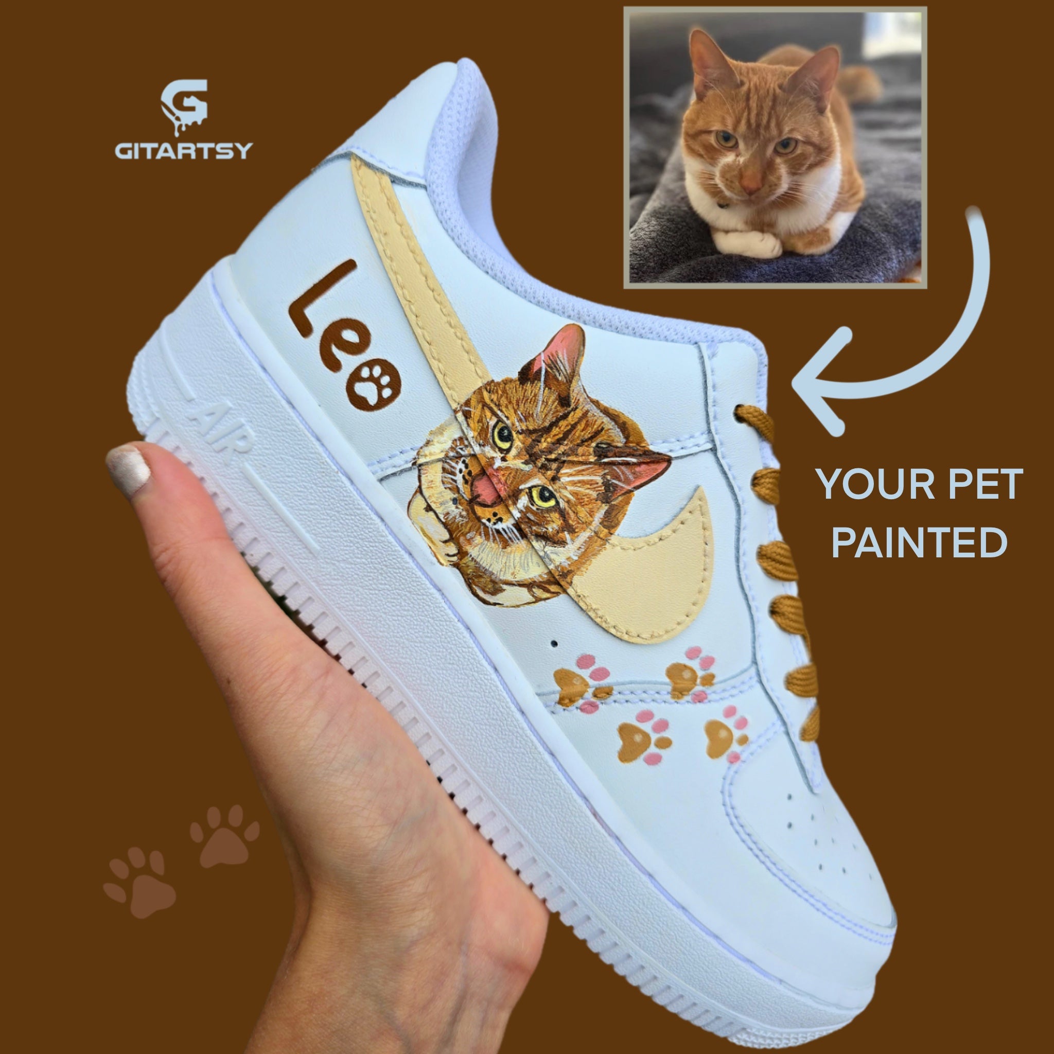 Custom hand painted realistic cat portrait Nike Air Force 1 sneakers 