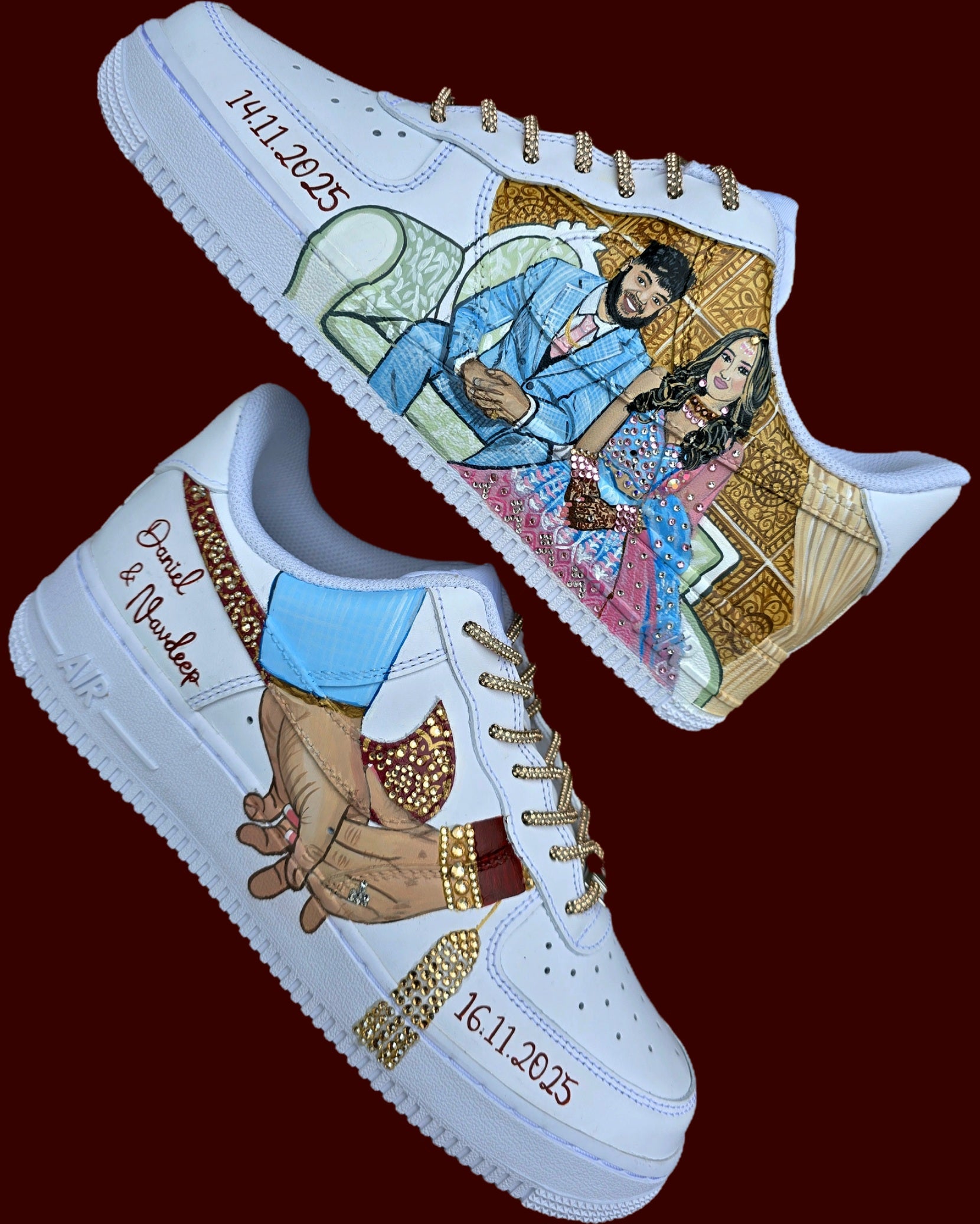 Custom hand painted sneakers with indian bride and groom realistic portraits , topped with crystals and rhinestones - bride choora and lehenga 