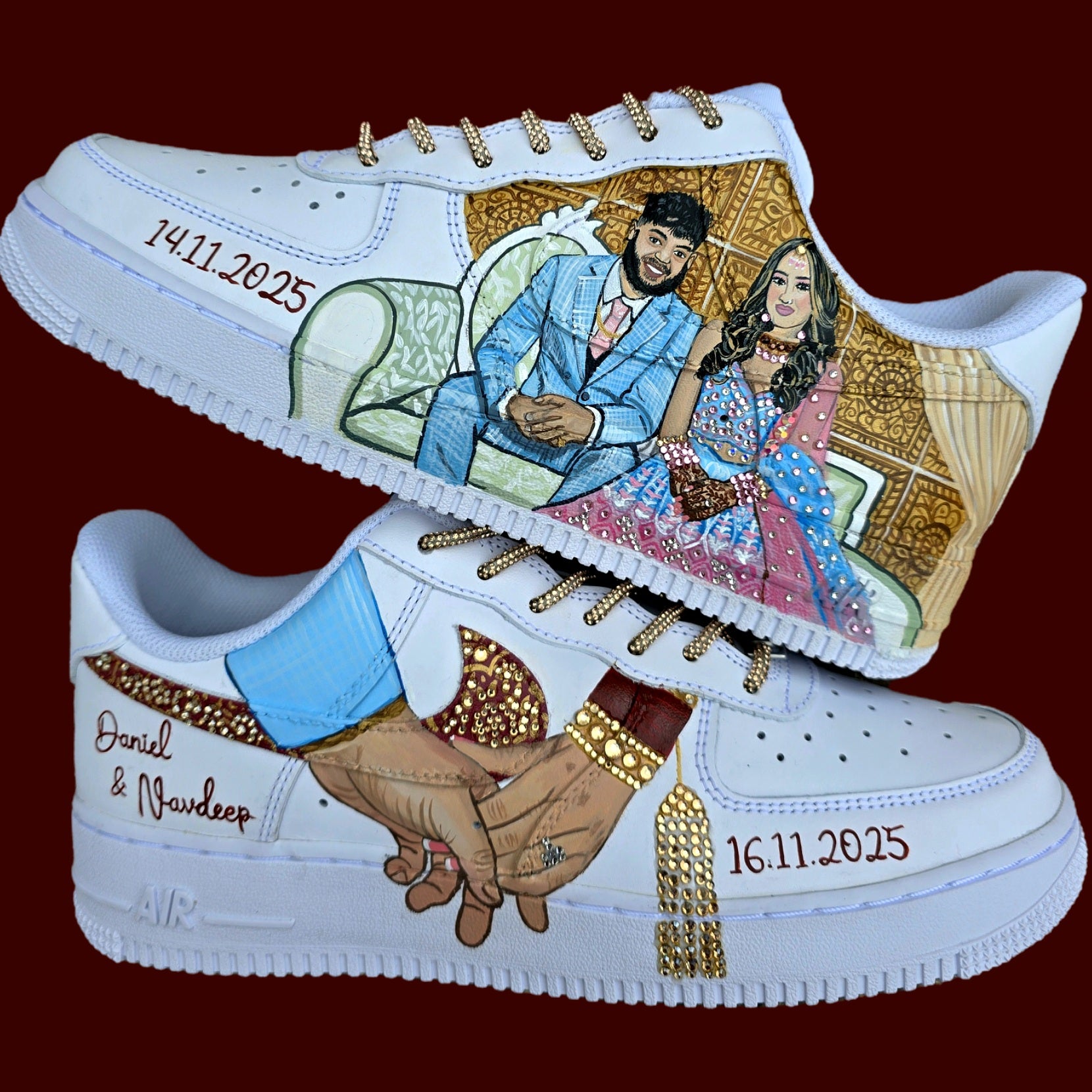 Custom hand painted sneakers with indian bride and groom realistic portraits , topped with crystals and rhinestones - bride choora and lehenga 