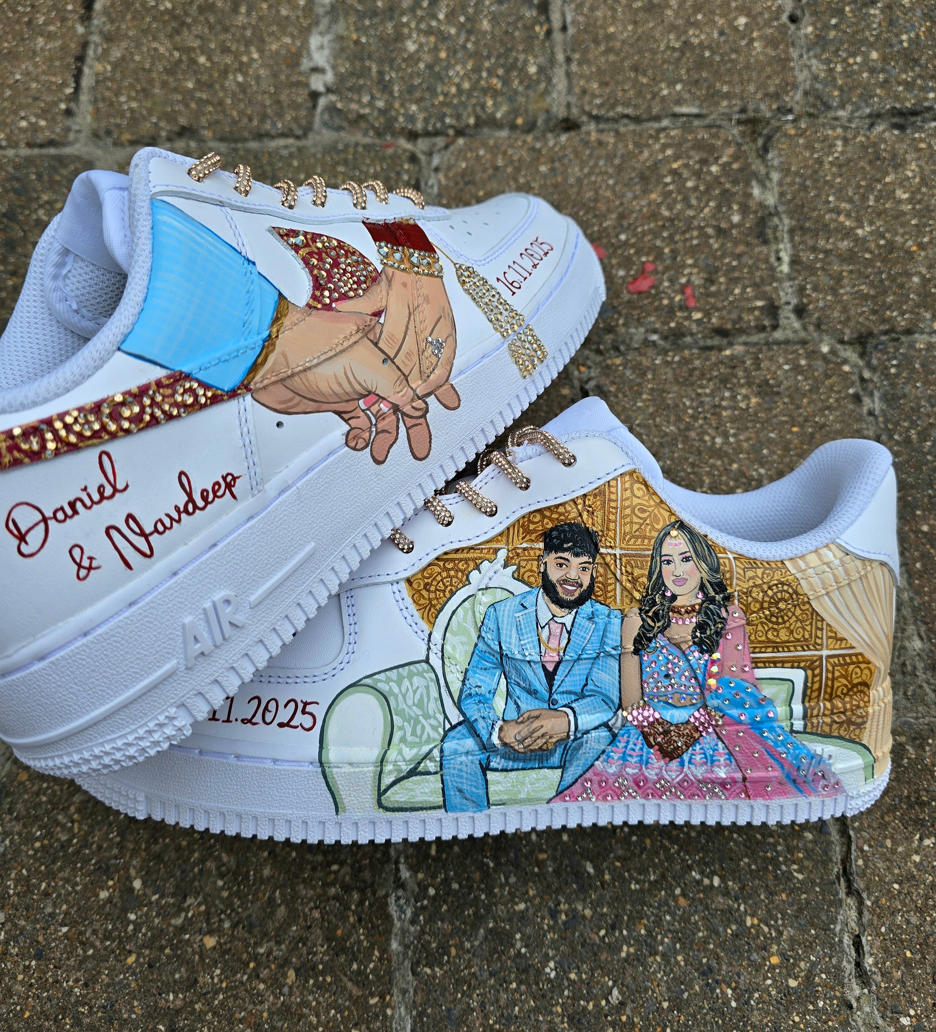 Custom hand painted sneakers with indian bride and groom realistic portraits , topped with crystals and rhinestones - bride choora and lehenga 