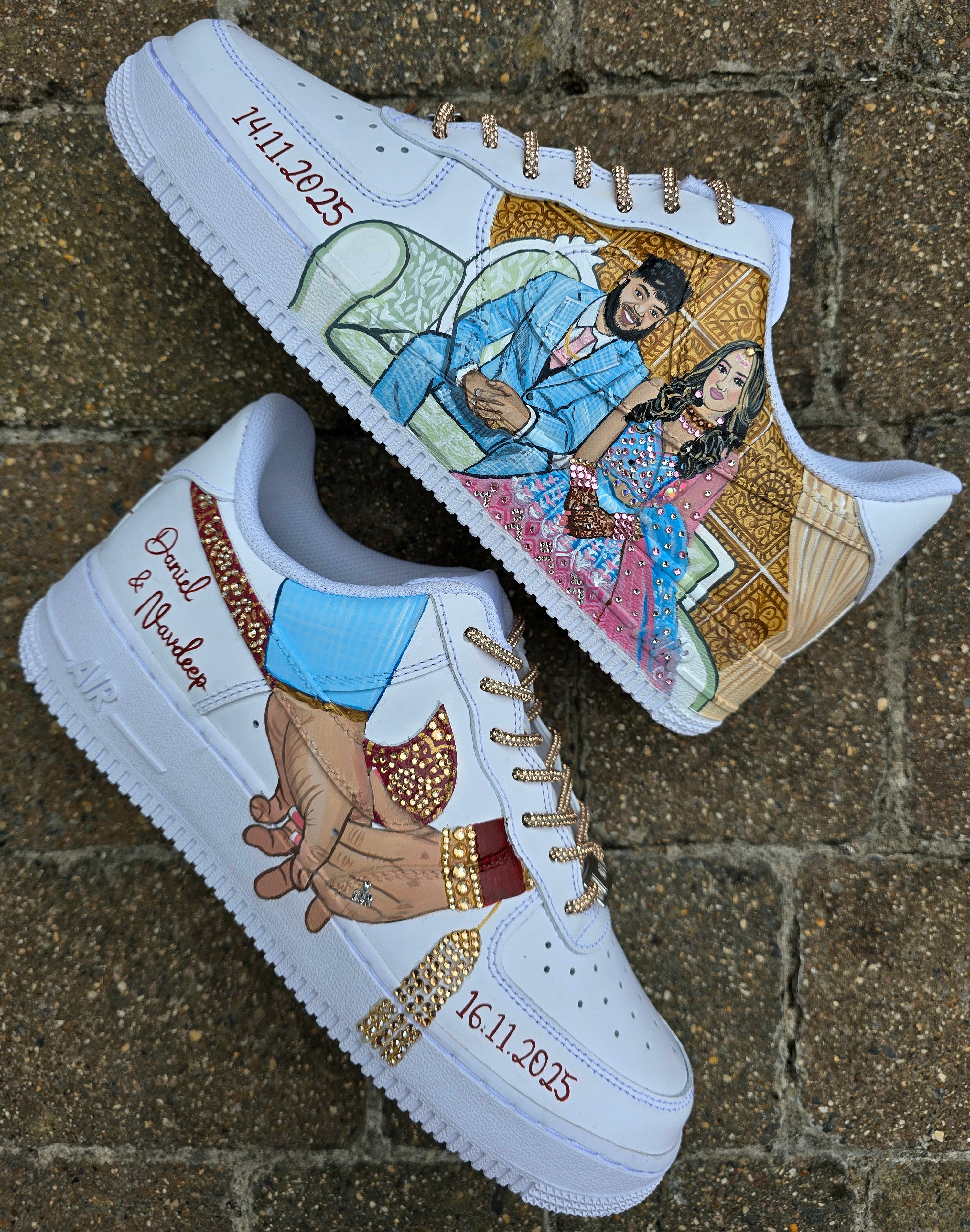 Custom hand painted sneakers with indian bride and groom realistic portraits , topped with crystals and rhinestones - bride choora and lehenga 