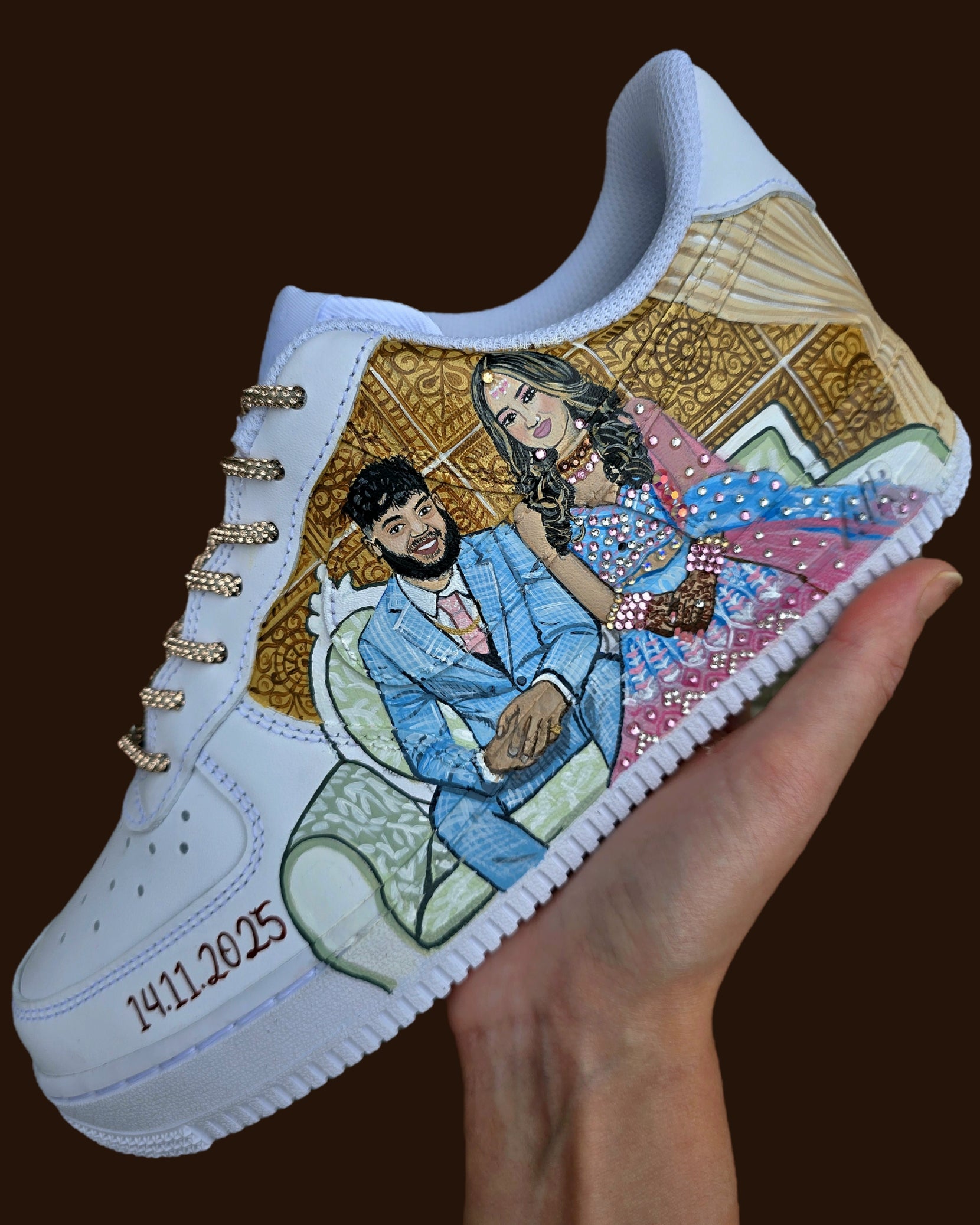 Custom hand painted sneakers with indian bride and groom realistic portraits , topped with crystals and rhinestones - bride choora and lehenga 