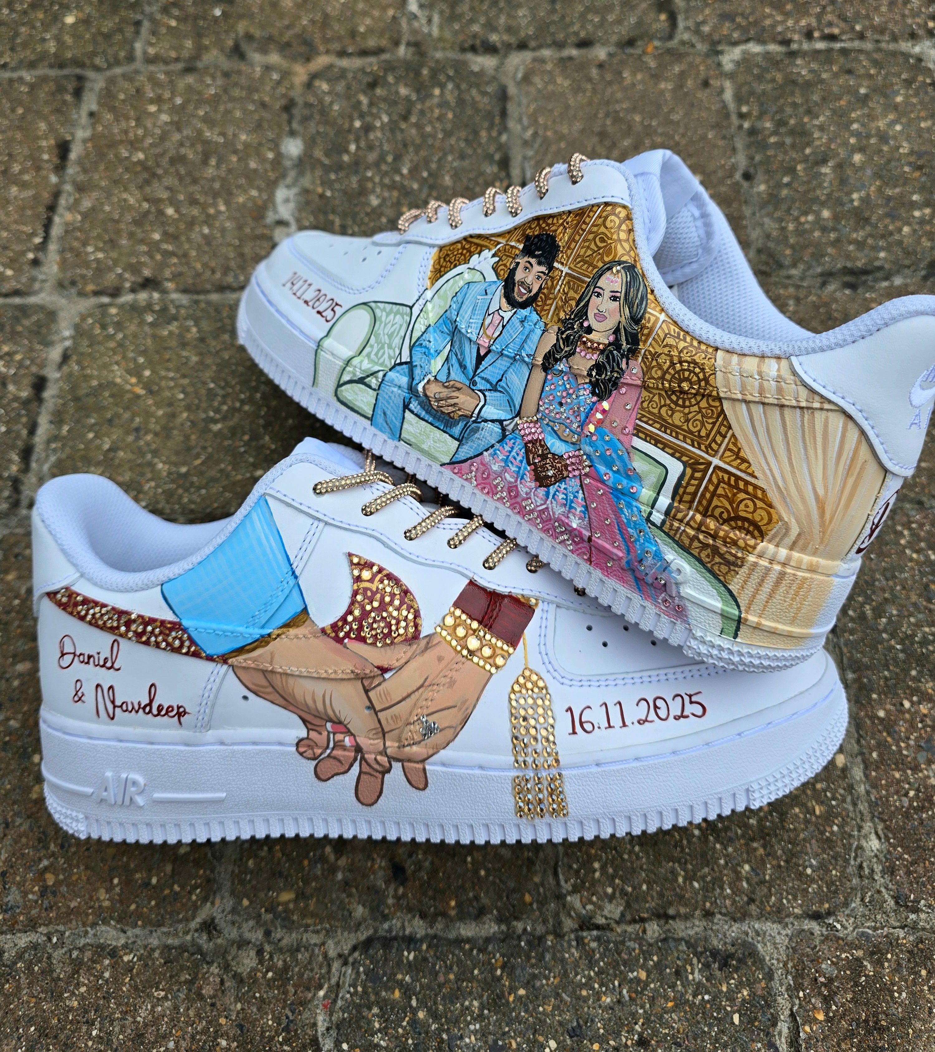 Custom hand painted sneakers with indian bride and groom realistic portraits , topped with crystals and rhinestones - bride choora and lehenga 