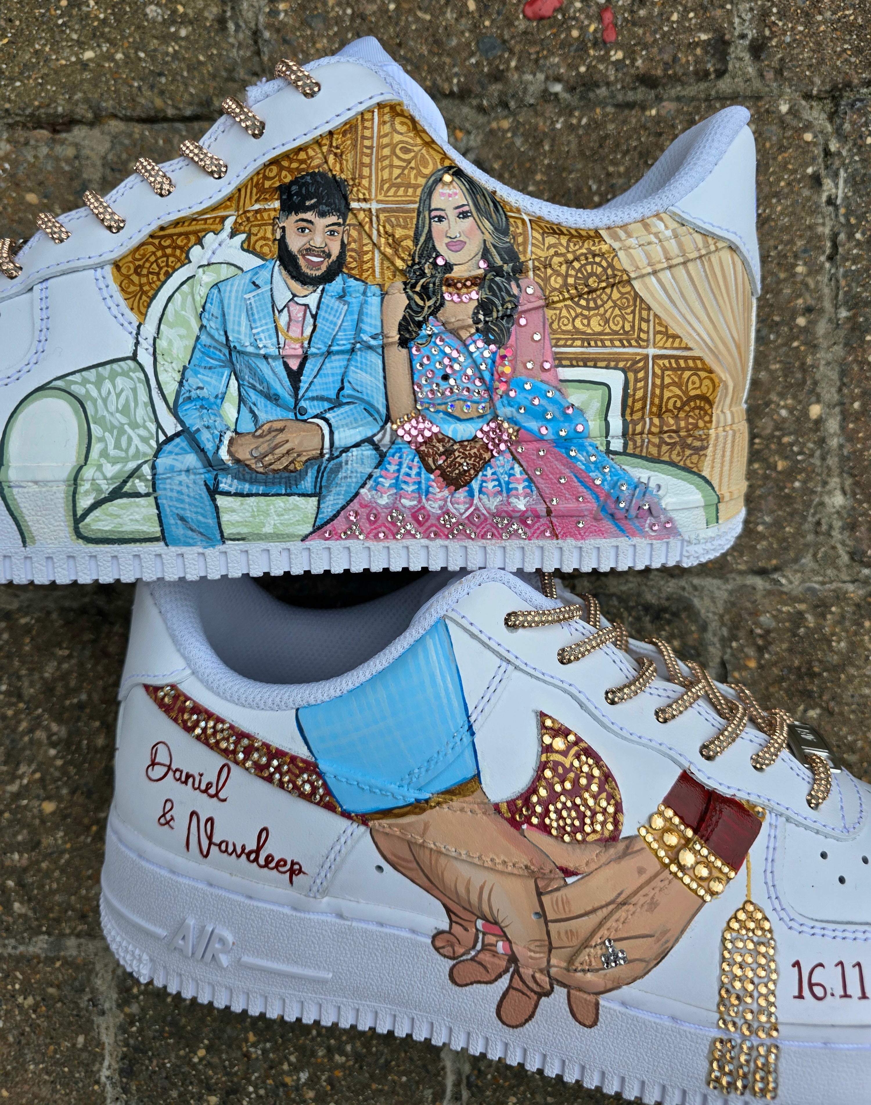 Custom hand painted sneakers with indian bride and groom realistic portraits , topped with crystals and rhinestones - bride choora and lehenga 