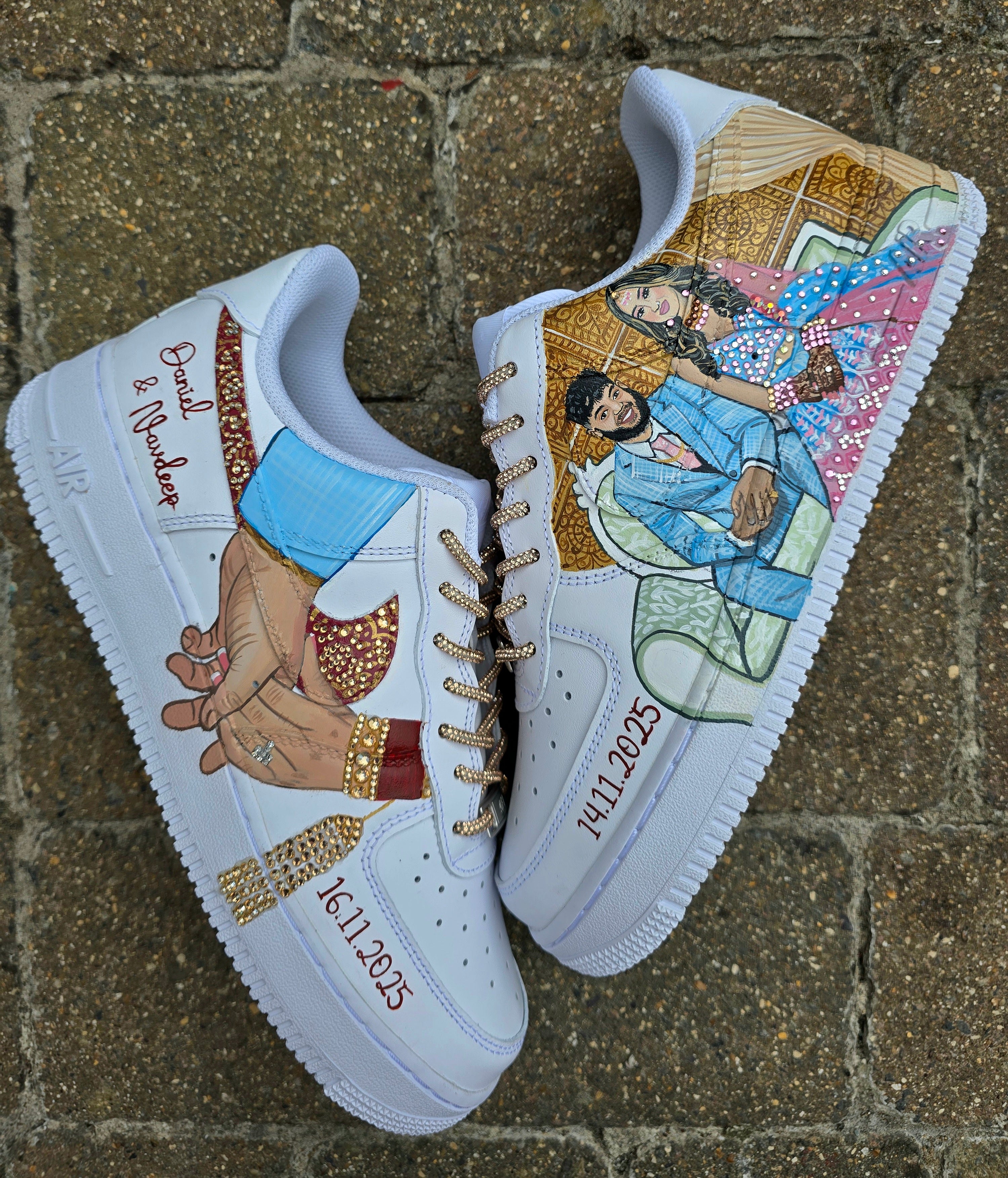 Custom hand painted sneakers with indian bride and groom realistic portraits , topped with crystals and rhinestones - bride choora and lehenga 