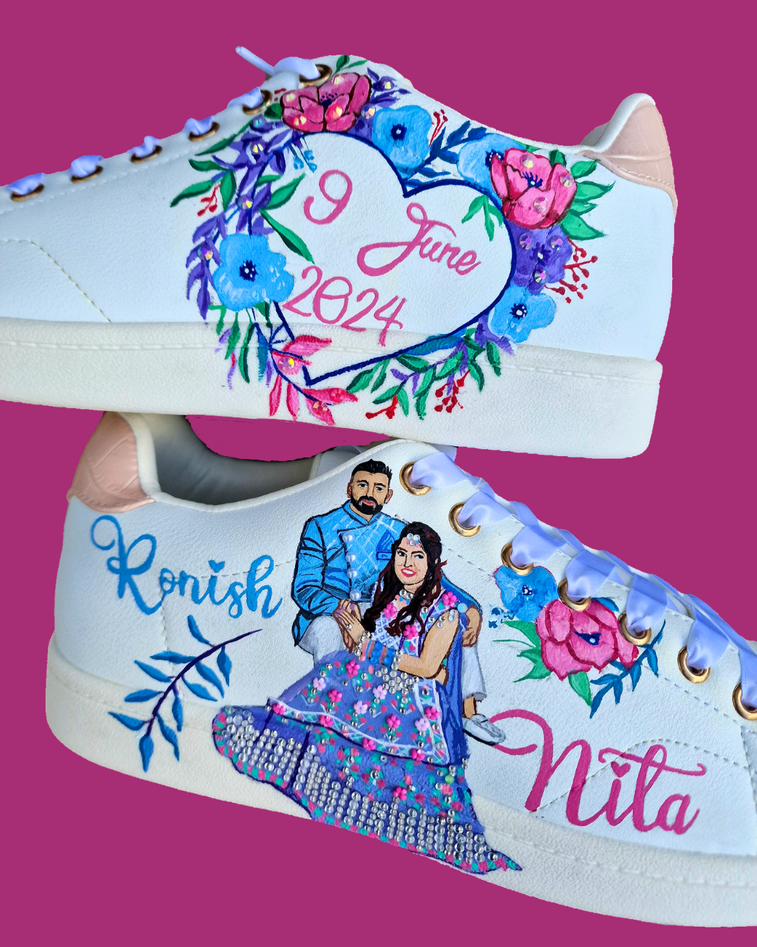 Custom indian bridal hand painted sneakers shoes with floral heart border and bride groom portraits, names and wedding date 