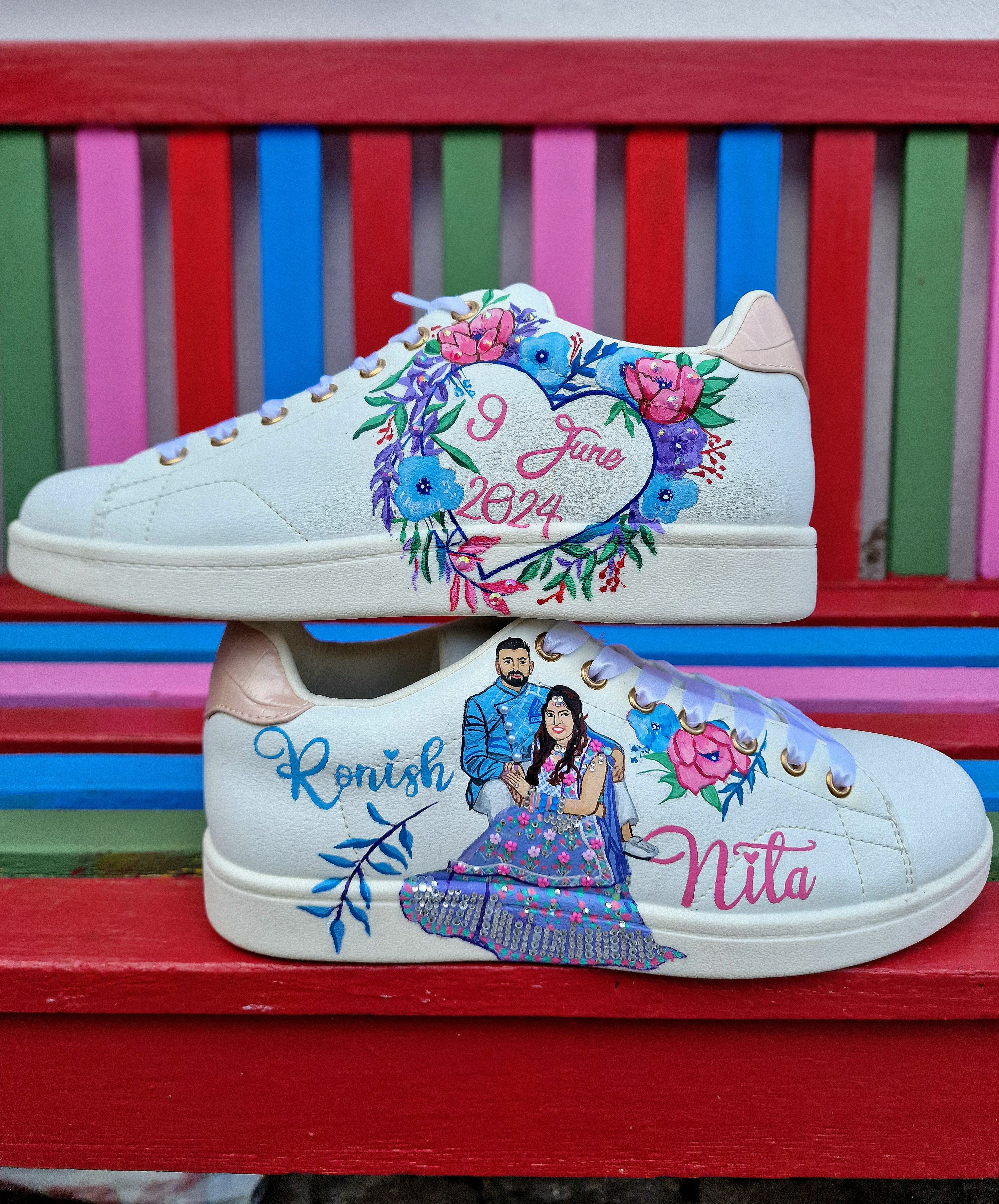 adidas gazelle silver green womens Custom Indian Bridal Sneakers – hand-painted couple portraits
