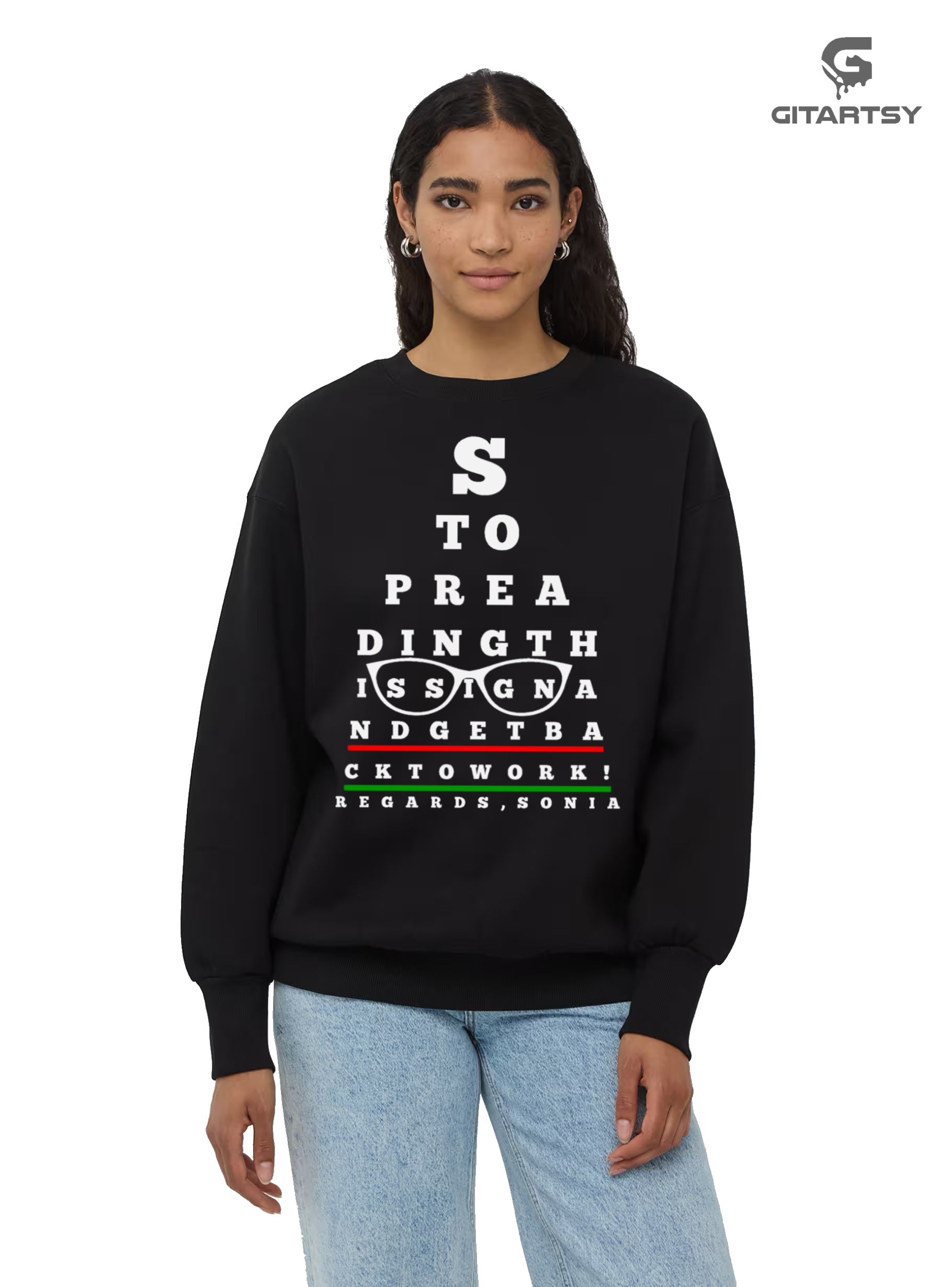 Custom Optometry Hoodie, Funny Eye Test Chart Design. Personalized Gift for Optometrists, Eye Doctors, & Optical Teams. The hoodie design reads:  Stop reading this sign and get back to work!