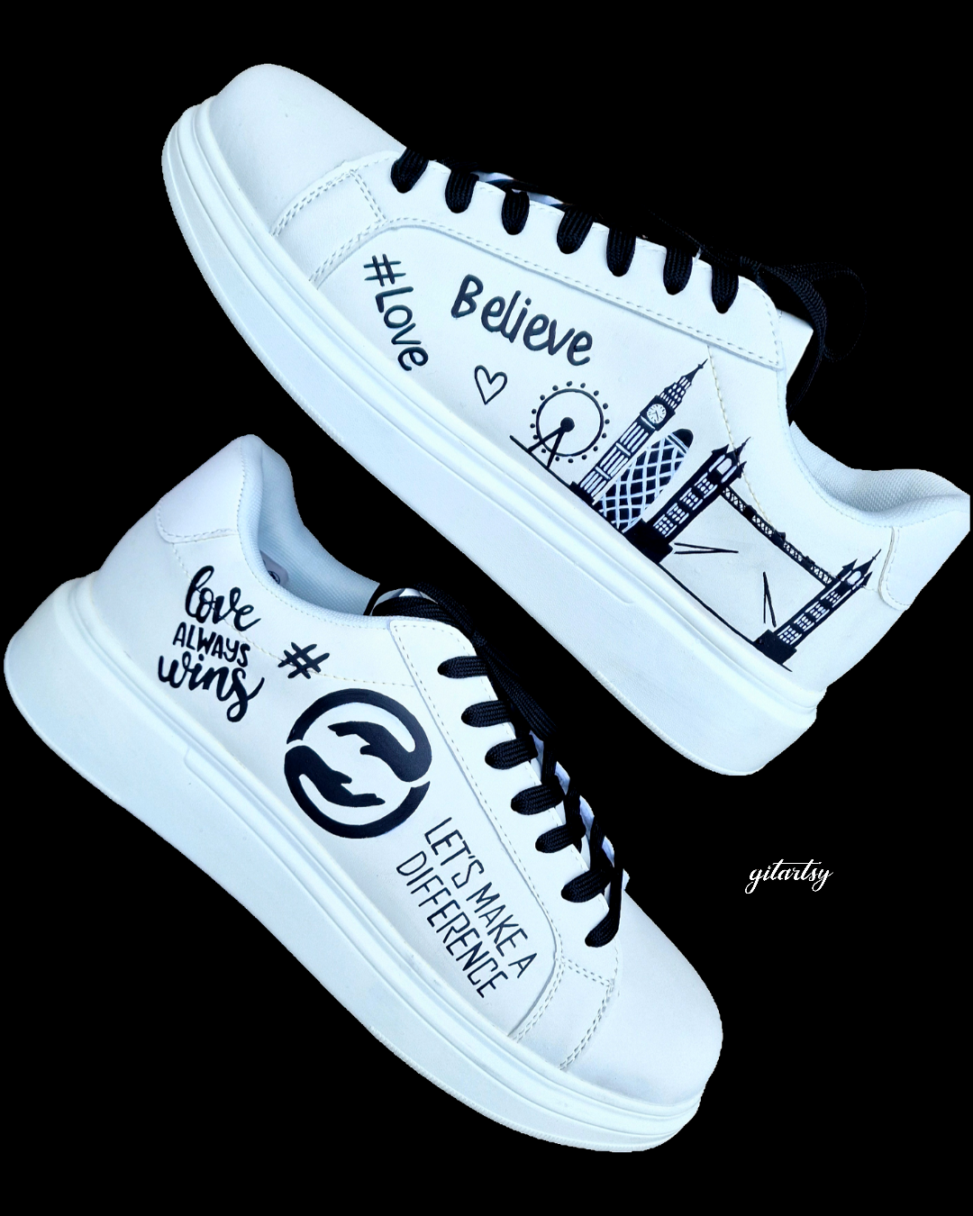 Custom quotes and london skyline custom sneakers 