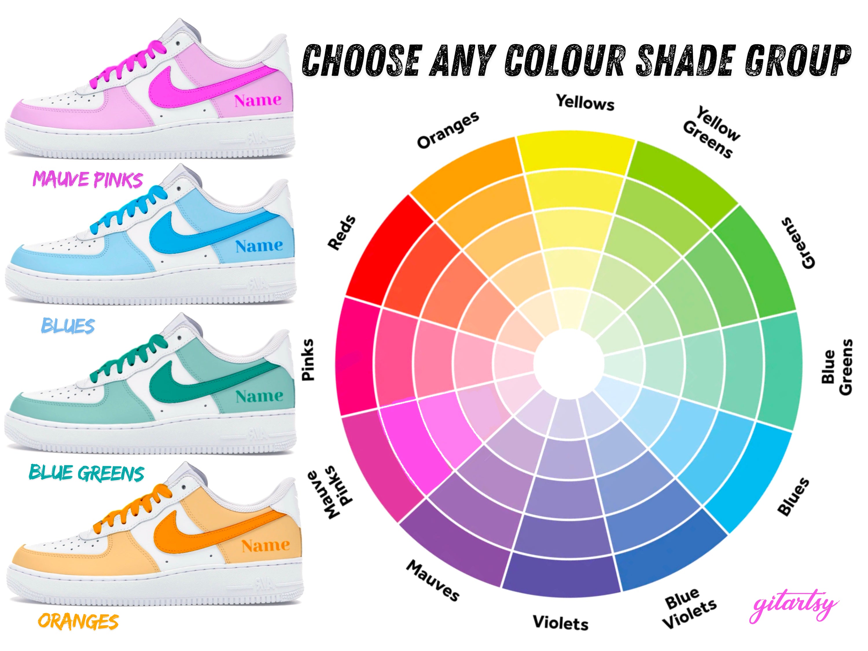 Nike AF1 custom hand painted sneakers options to customize your own pair with your choice of colourway. All colours available 