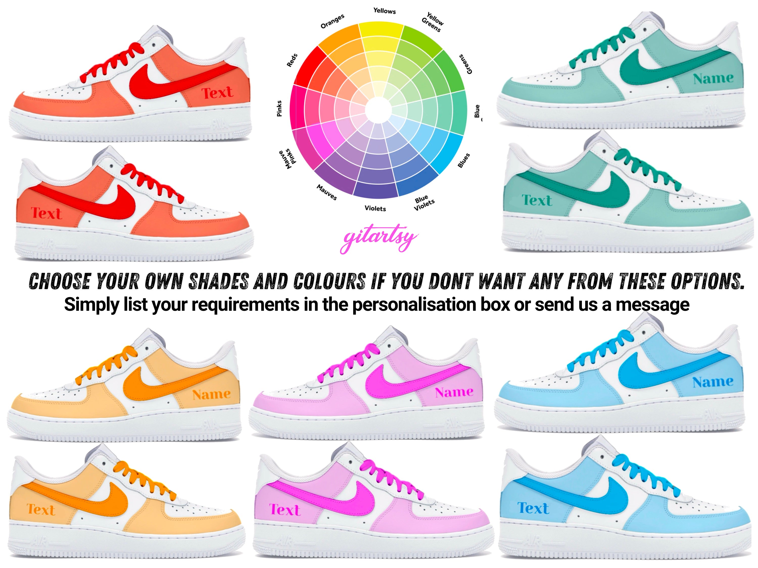 Nike AF1 custom hand painted sneakers options to customize your own pair with your choice of colourway. All colours available 