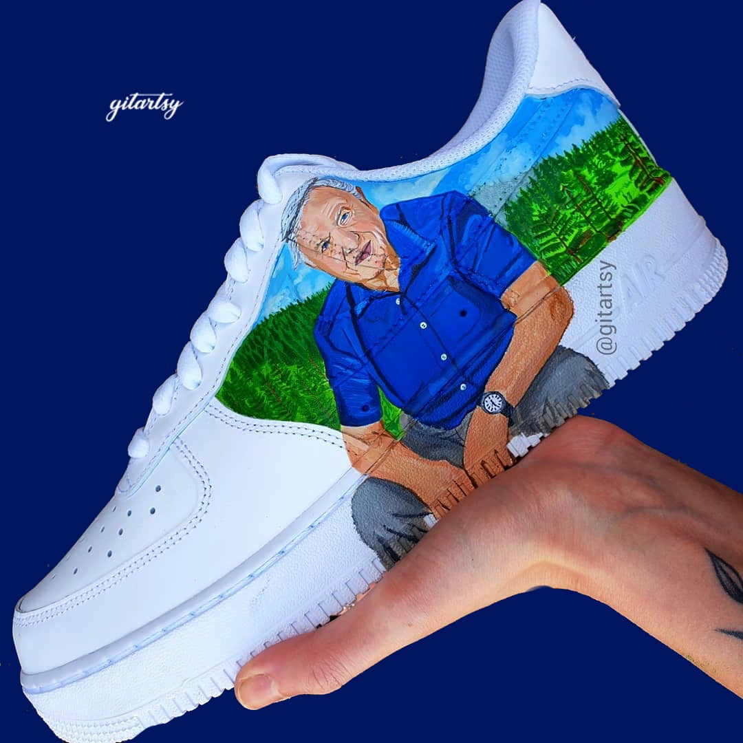 Custom hand-painted Nike Air Force 1 sneakers featuring a detailed portrait of David Attenborough seated in a lush natural forest landscape. The background includes vibrant green trees and blue skies, painted across the shoe panels. Crafted by Gitartsy, these sneakers are a tribute to nature, sustainability, and the legendary naturalist, using premium acrylic paints and sealed for durability.

