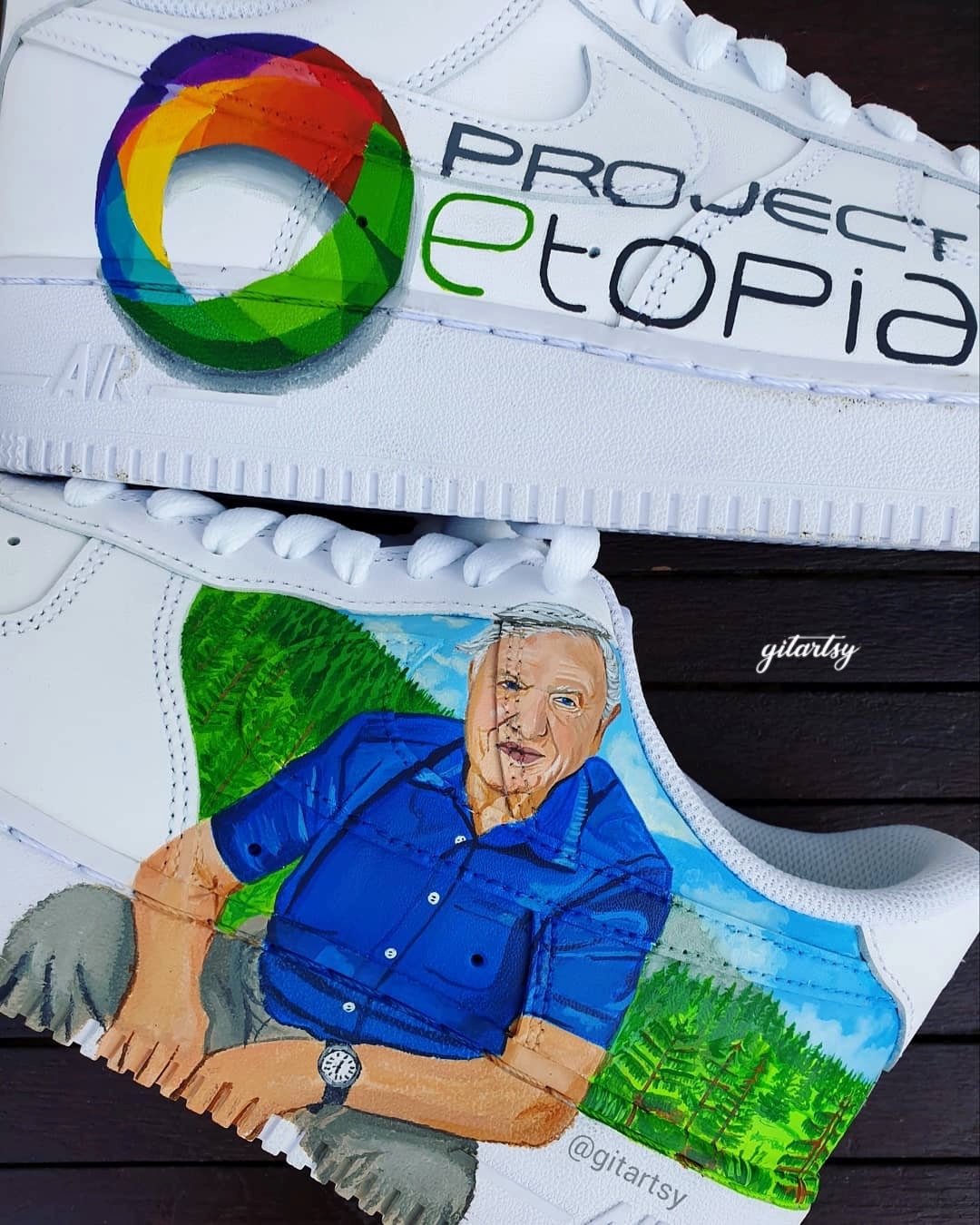 Custom hand-painted Nike Air Force 1 sneakers featuring a detailed portrait of David Attenborough seated in a lush natural forest landscape. The background includes vibrant green trees and blue skies, painted across the shoe panels. Crafted by Gitartsy, these sneakers are a tribute to nature, sustainability, and the legendary naturalist, using premium acrylic paints and sealed for durability.

