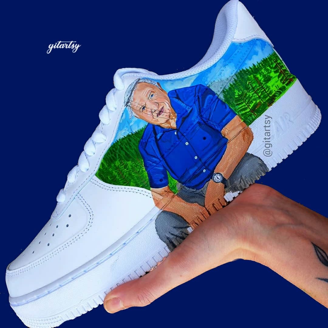 Custom hand-painted Nike Air Force 1 sneakers featuring a detailed portrait of David Attenborough seated in a lush natural forest landscape. The background includes vibrant green trees and blue skies, painted across the shoe panels. Crafted by Gitartsy, these sneakers are a tribute to nature, sustainability, and the legendary naturalist, using premium acrylic paints and sealed for durability.

