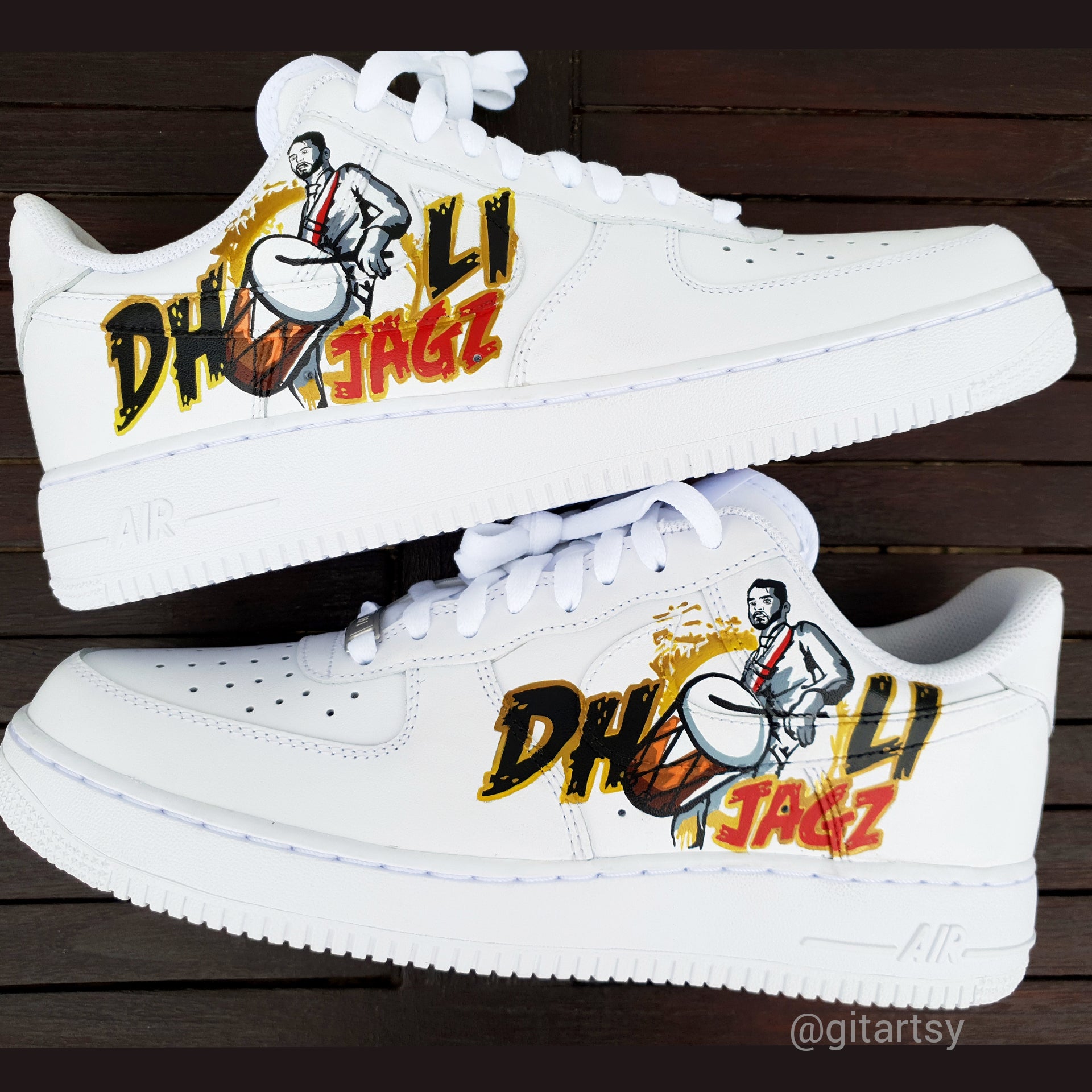 Dholi jagz - punjabi dhol brand -  custom hand painted sneakers for businesses and brands  - unique branding shoes 