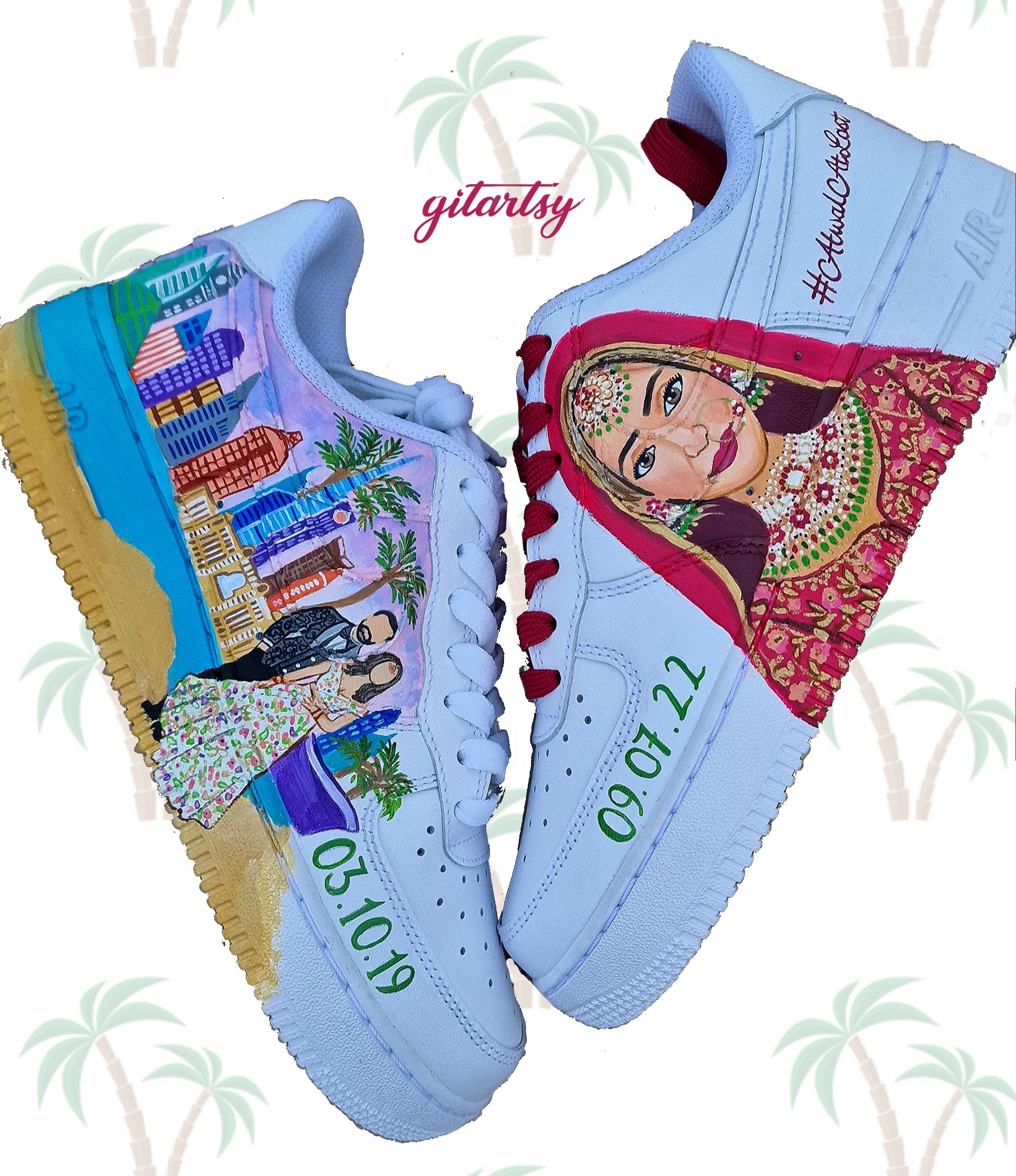 Custom hand-painted Nike AF1 sneakers with Indian bride illustration and couple proposal scene in front of Burj Khalifa, Dubai