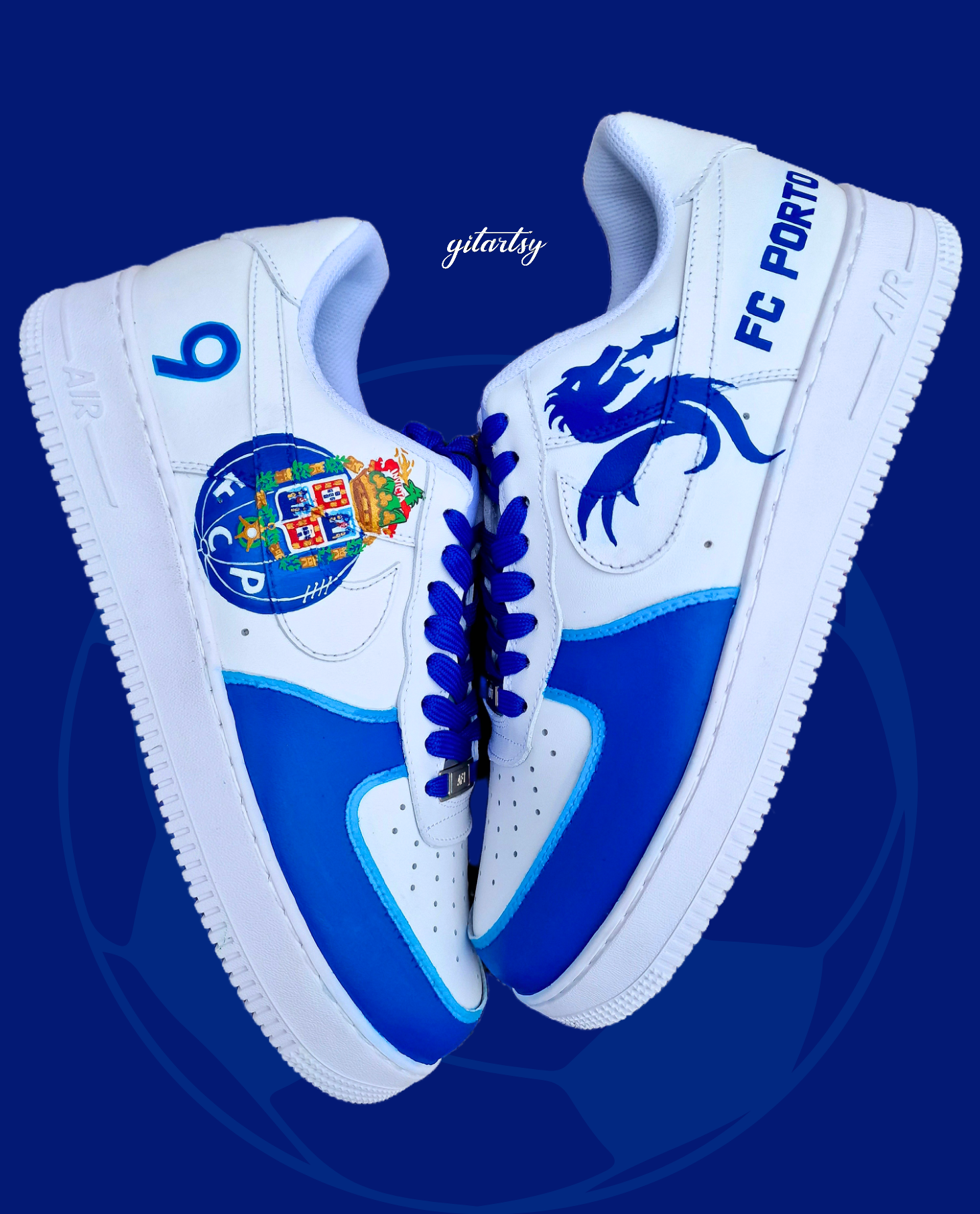 Custom FC Porto Nike Air Force 1 sneakers designed for football fans, featuring hand-painted artwork with the official club crest, blue and white color scheme, dragon mascot, and player number detailing. These one-of-a-kind shoes are crafted using authentic Nike AF1s and painted with weather-resistant leather paints. Perfect for sports lovers and collectors, combining comfort with team spirit.

