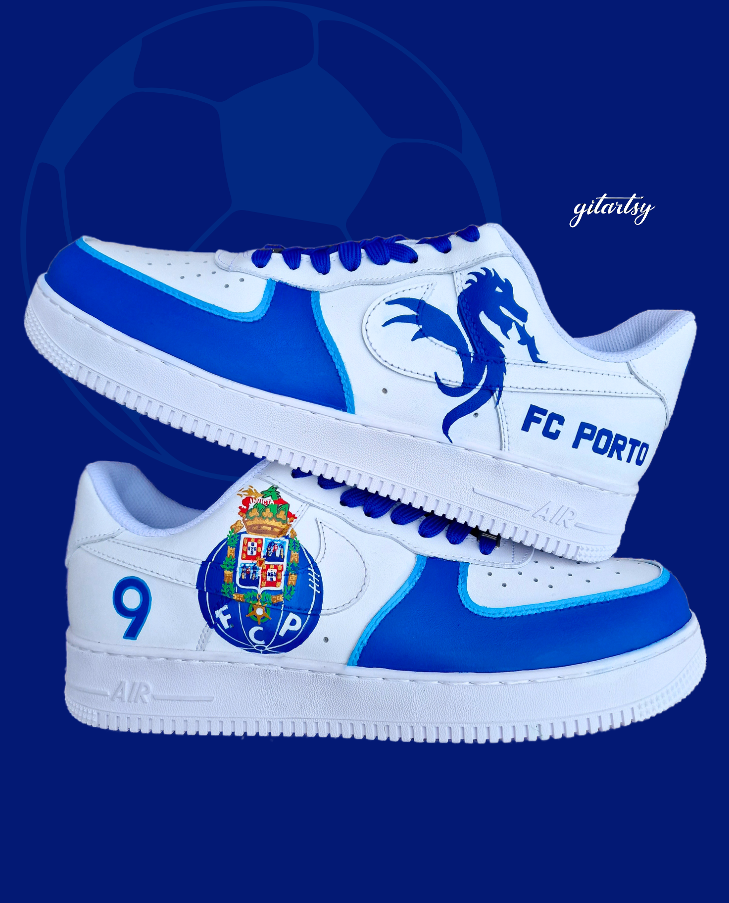 Custom FC Porto Nike Air Force 1 sneakers designed for football fans, featuring hand-painted artwork with the official club crest, blue and white color scheme, dragon mascot, and player number detailing. These one-of-a-kind shoes are crafted using authentic Nike AF1s and painted with weather-resistant leather paints. Perfect for sports lovers and collectors, combining comfort with team spirit.

