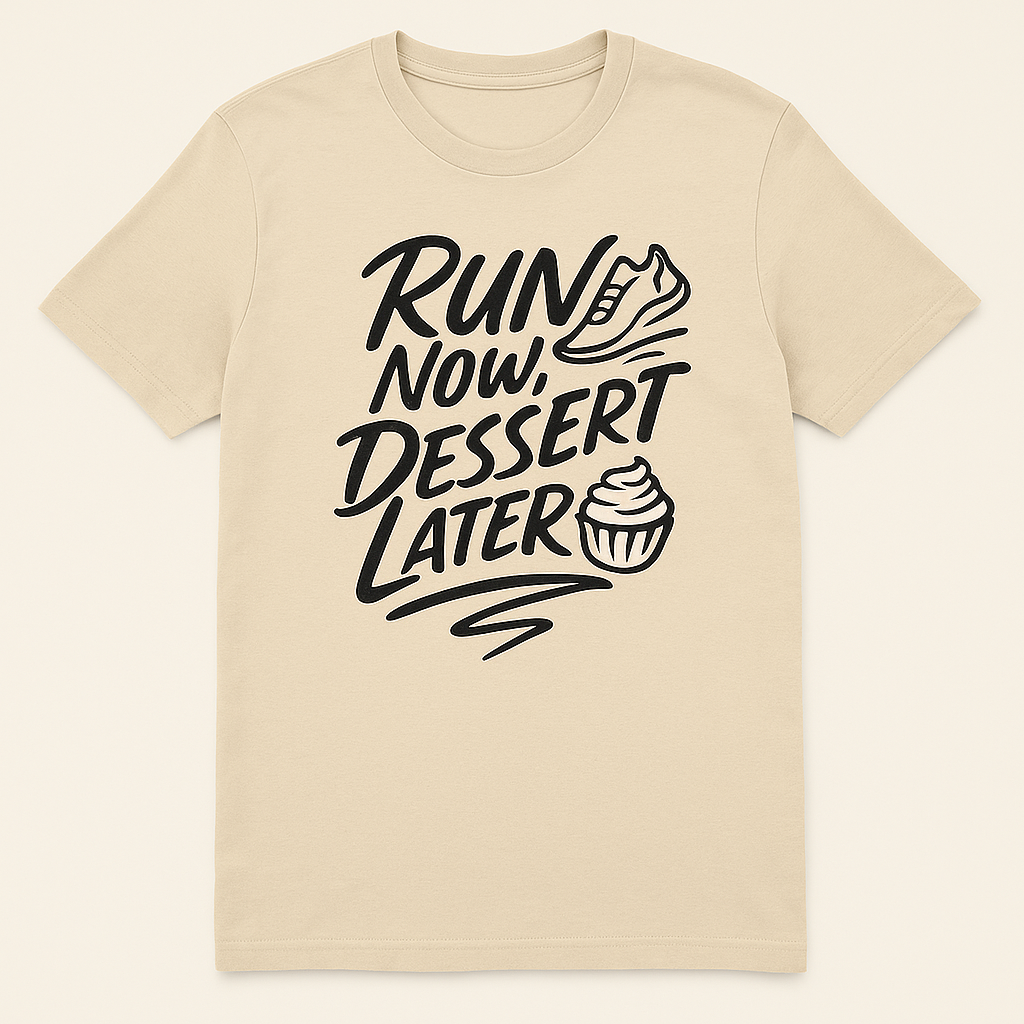 Funny Running T-Shirt – “Run Now, Dessert Later” available in 7 colours. Modern font, made for runners who love dessert!