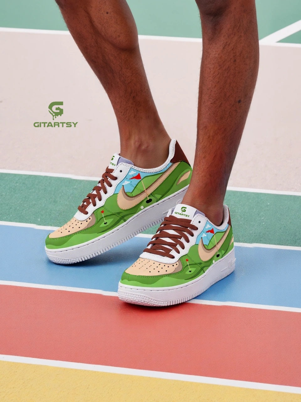 Custom Hand-Painted Nike AF1 Golf-Themed Sneakers – Unique Shoes for Golf Lovers with golf course design painted. Green hills, grass and golf objects