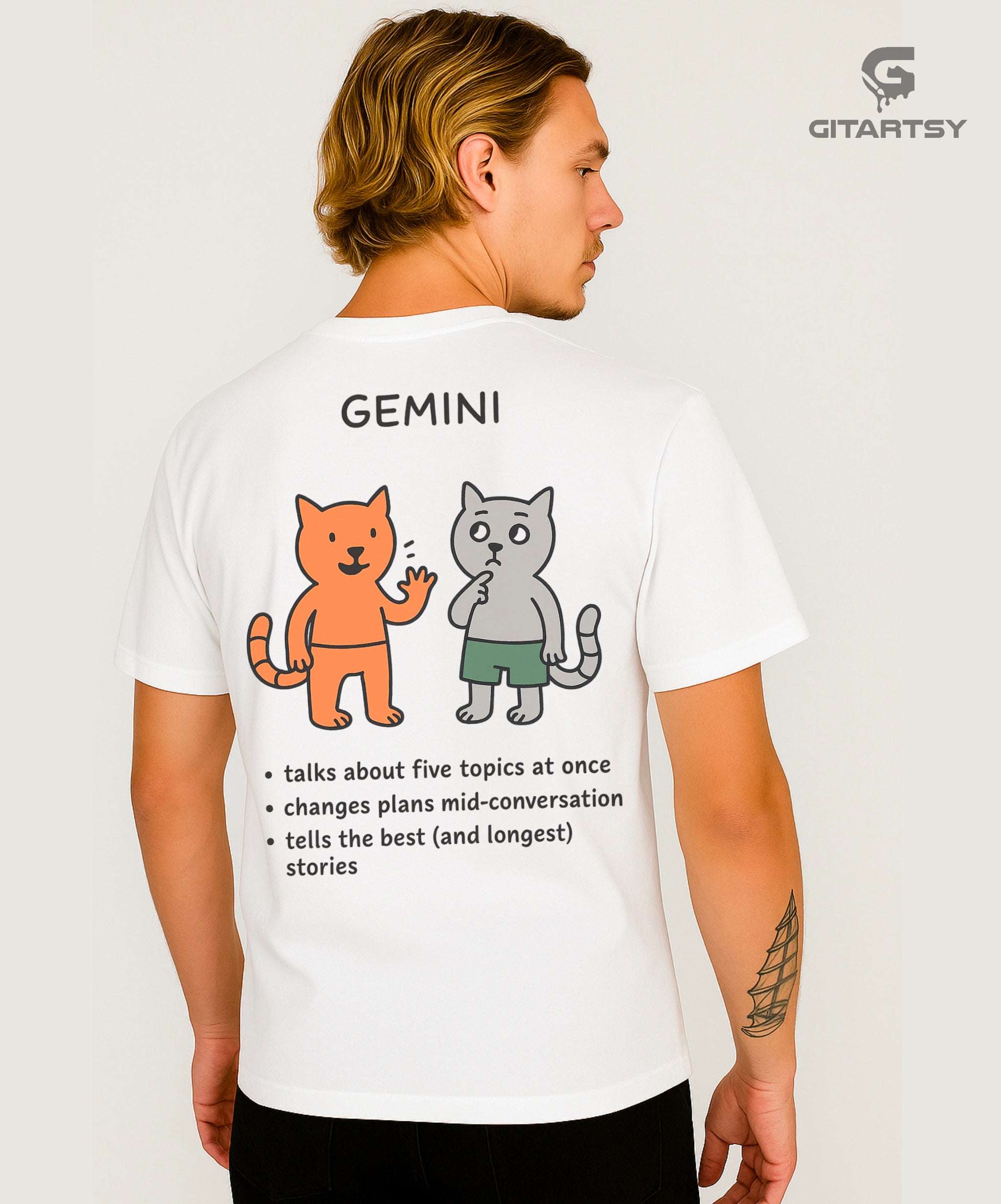 Gemini Zodiac Sign T-Shirt – Funny, Cute & Minimal Streetwear Tee (Unisex) - illustrated with 2 cats talking to each other and the words read: talks a lot, changes plans, tells best stories