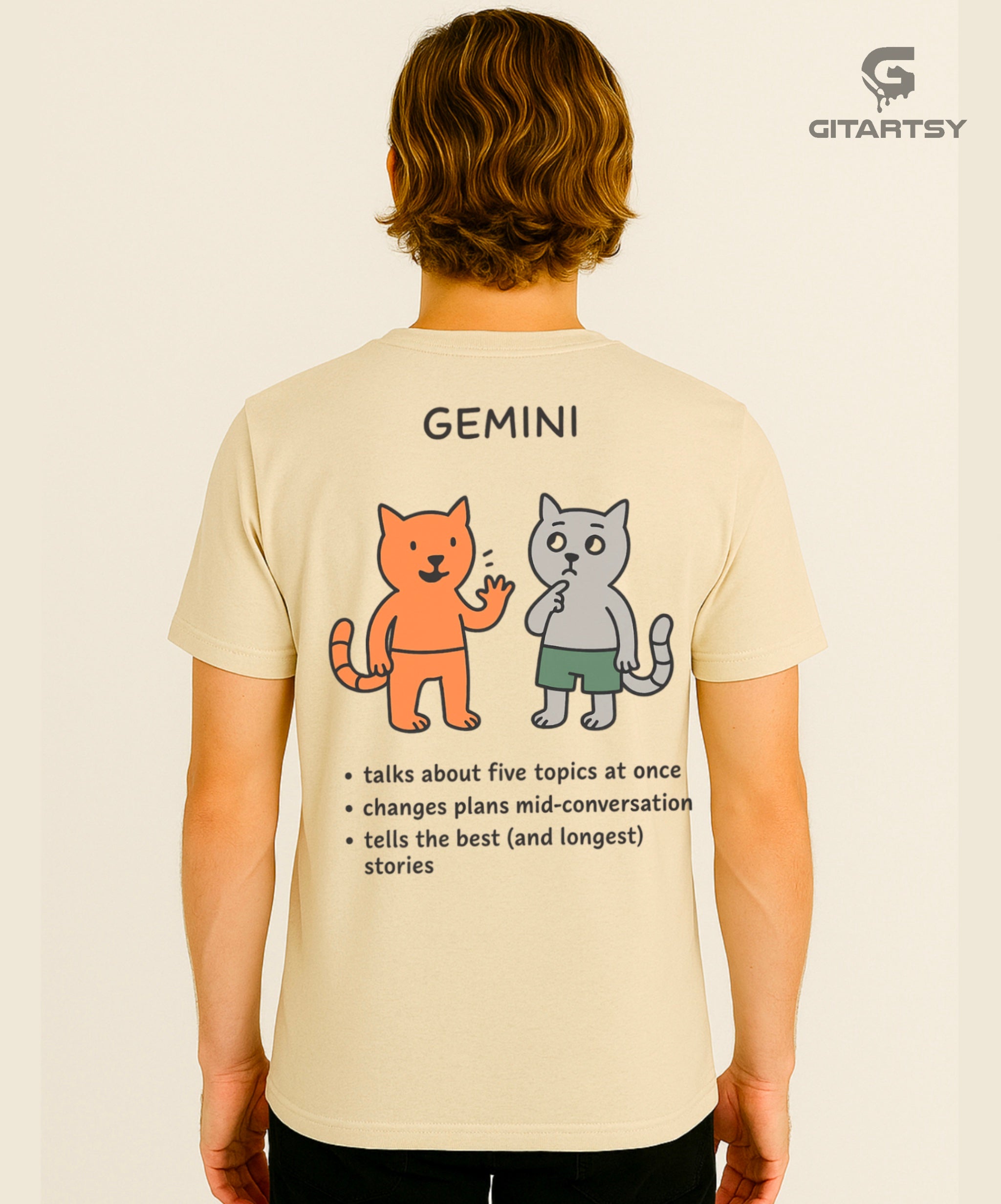 Gemini Zodiac Sign T-Shirt – Funny, Cute & Minimal Streetwear Tee (Unisex) - illustrated with 2 cats talking to each other and the words read: talks a lot, changes plans, tells best stories - beige