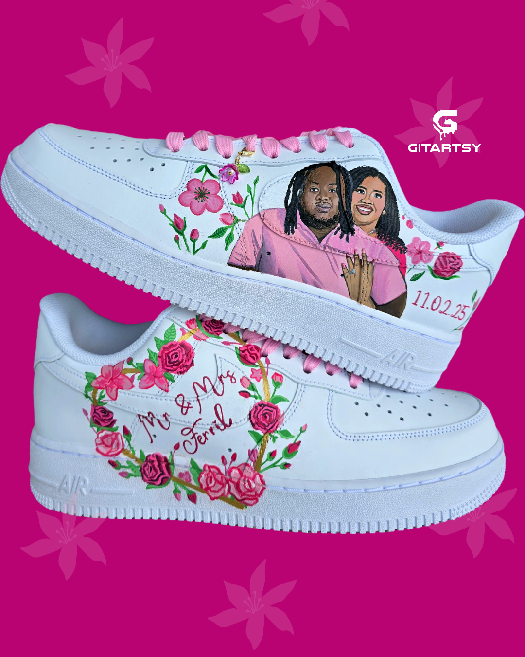 Hand-painted custom Nike Air Force 1 wedding sneakers featuring "Mr. & Mrs." text, pink floral artwork, optional bride and groom portrait, and romantic personalized detailing; ideal for weddings, anniversaries, and bridal events; white AF1 base with pink laces and custom florals.

