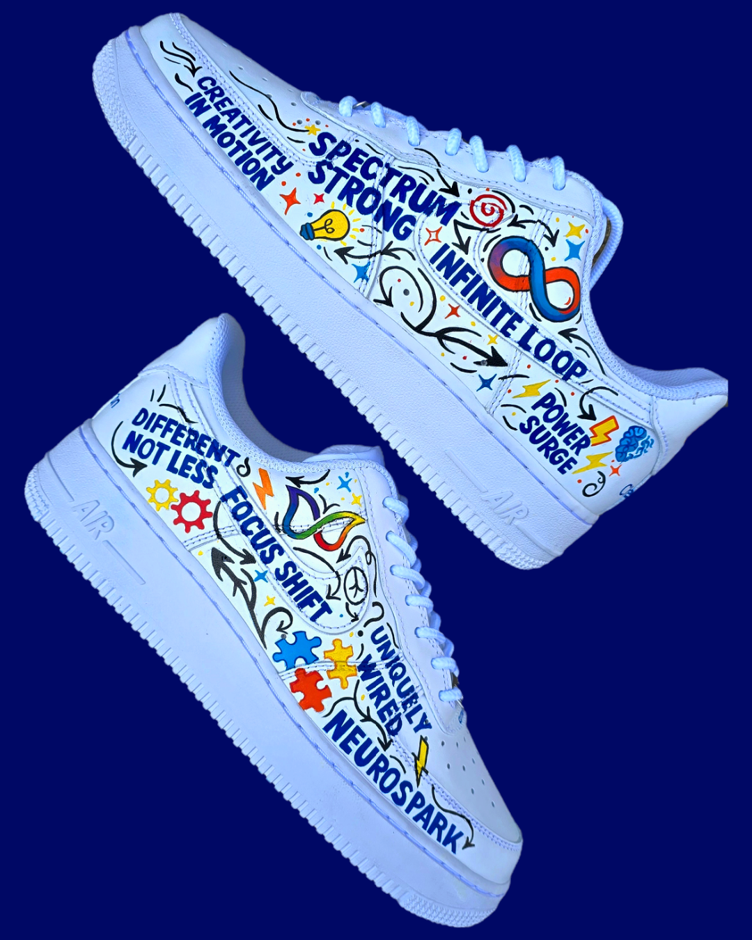 Custom hand-painted Nike Air Force 1 sneakers featuring a vibrant ADHD and Autism awareness design. Includes colourful puzzle pieces, infinity symbols, inspirational typography, and Chelsea FC Foundation branding. Crafted using waterproof and UV-protected leather paints for long-lasting wear. Each pair is unique, representing creativity, inclusivity, and neurodiversity. Perfect for collectors, awareness events, and personal expression.

