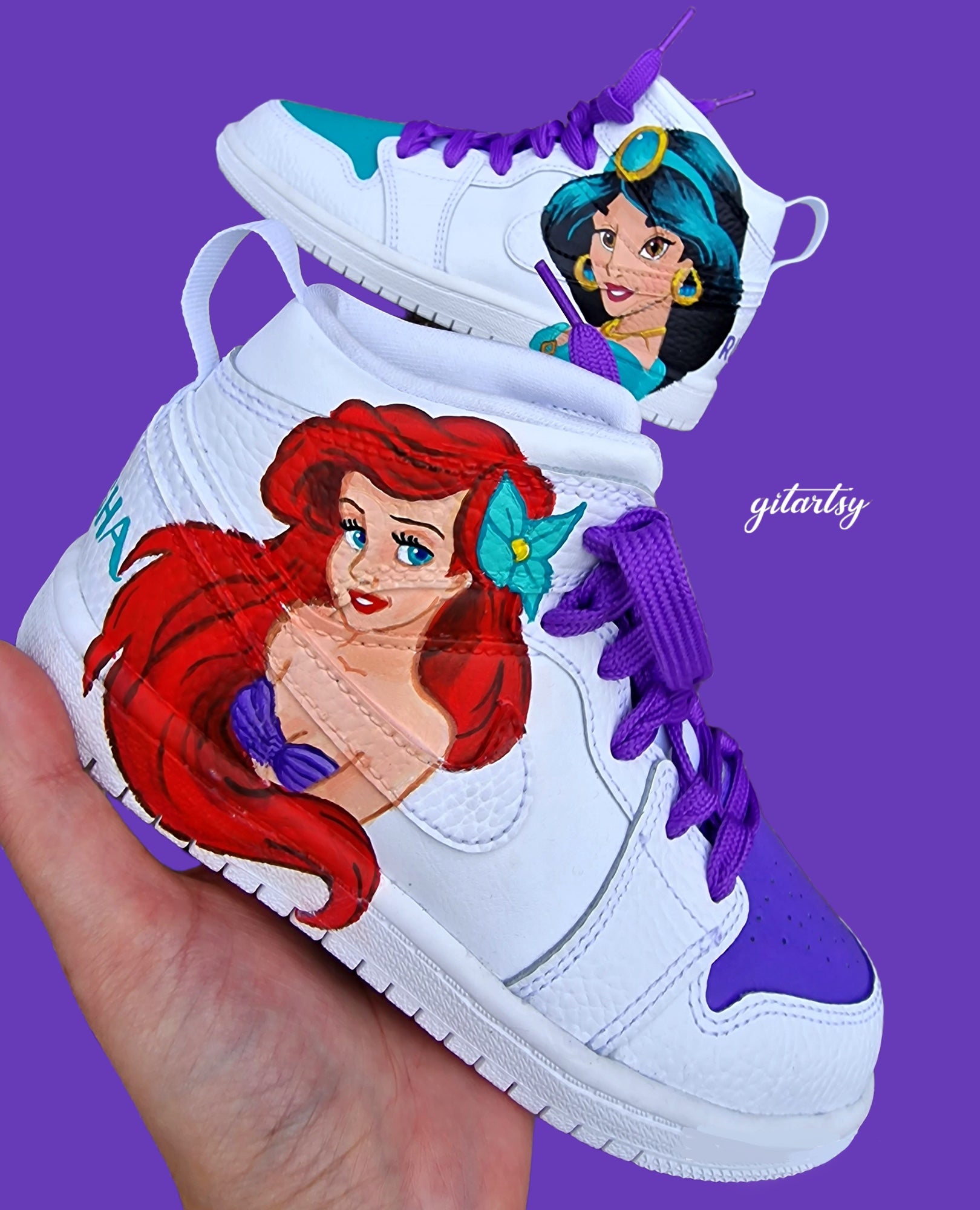 Custom Hand-Painted Princess Jasmine Ariel Nike Sneakers – Disney-Inspired Baby Toddler Shoes