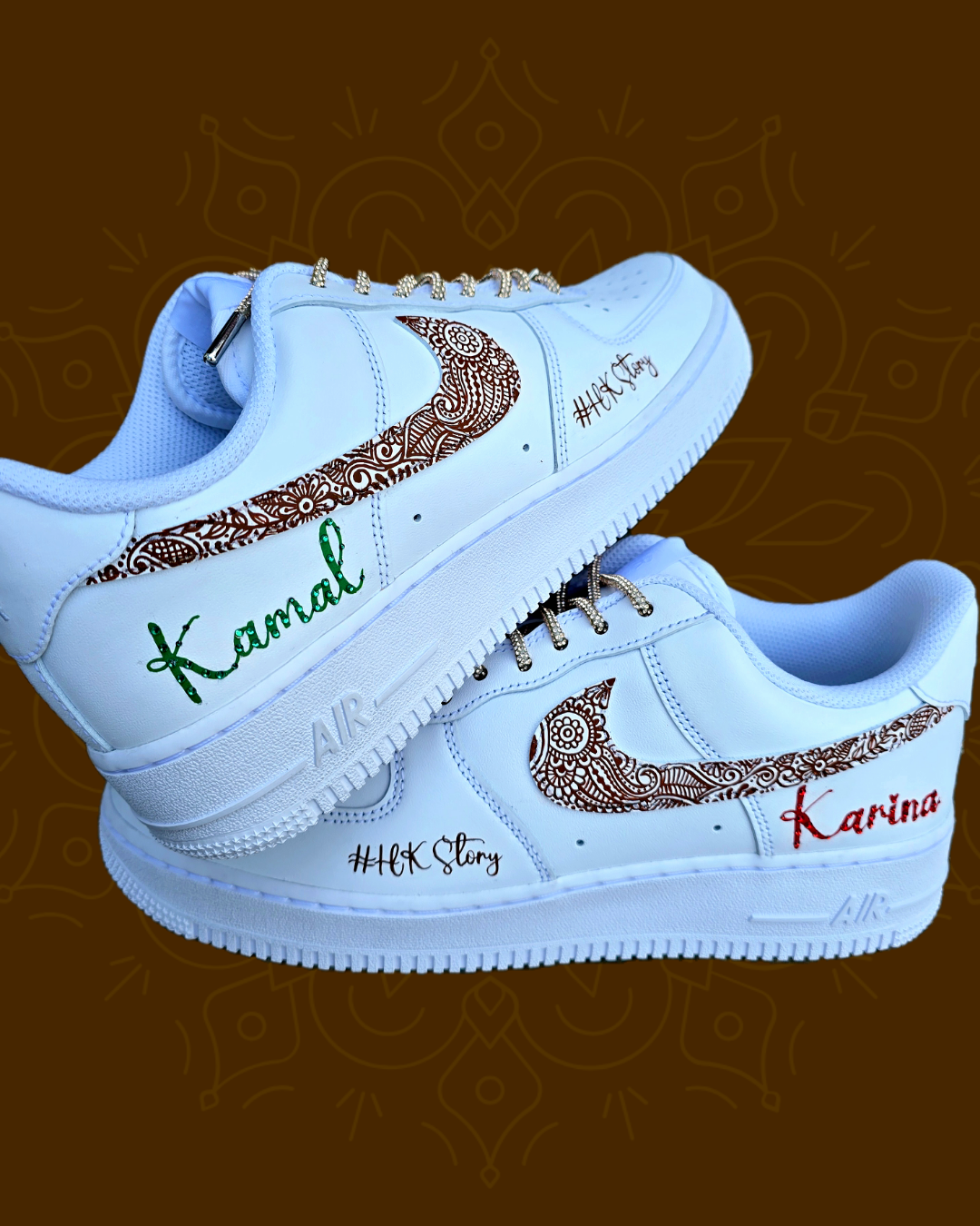 Custom Hand-Painted Henna Mehendi Bridal Nike AF1 Sneakers – Indian Wedding trainers with custom name and crystals