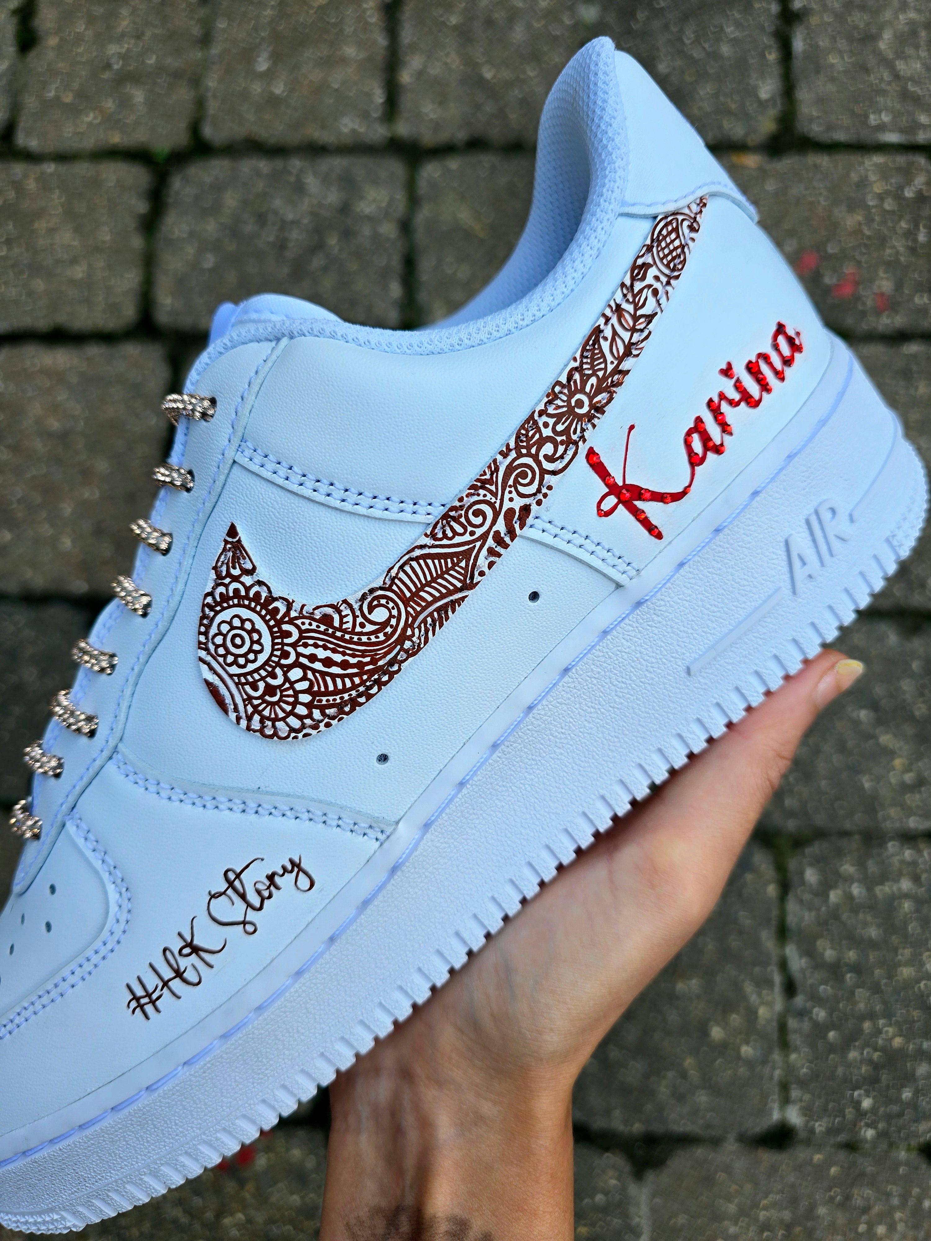 Custom Hand-Painted Henna Mehendi Bridal Nike AF1 Sneakers – Indian Wedding trainers with custom name and crystals