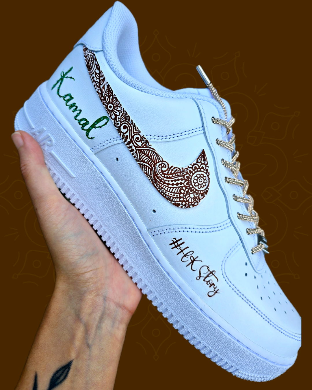 Custom Hand-Painted Henna Mehendi Bridal Nike AF1 Sneakers – Indian Wedding trainers with custom name and crystals