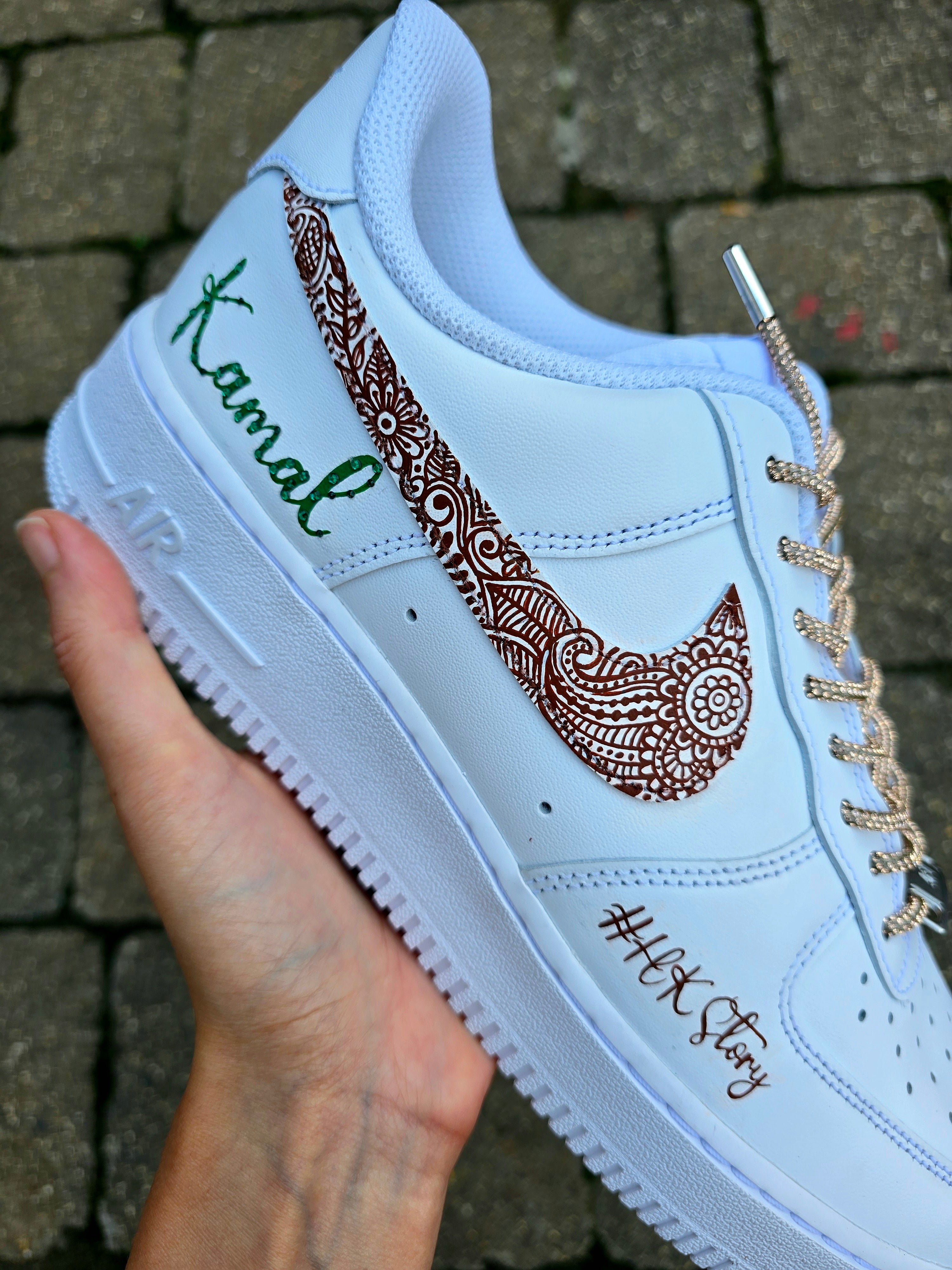 Custom Hand-Painted Henna Mehendi Bridal Nike AF1 Sneakers – Indian Wedding trainers with custom name and crystals