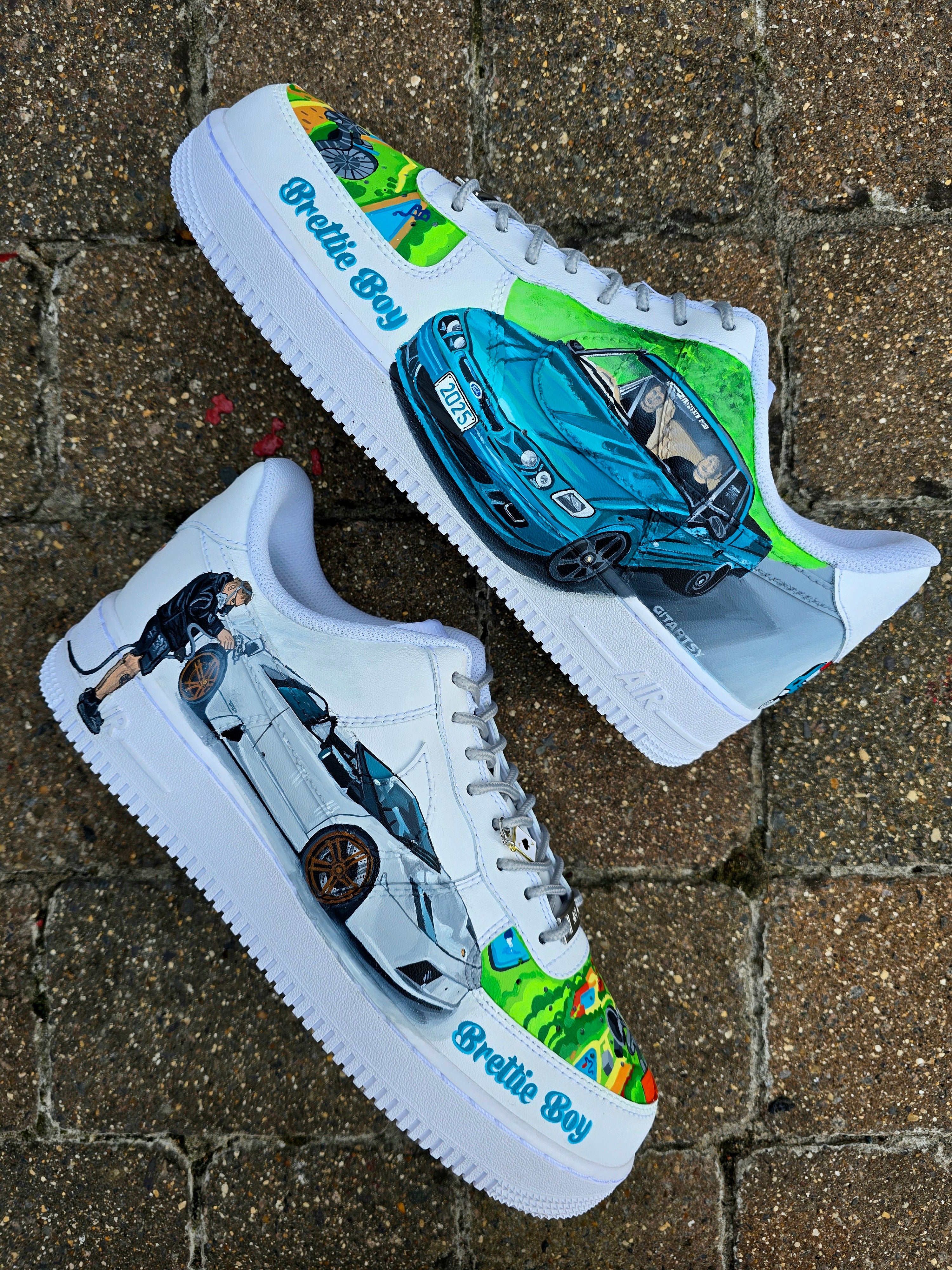 Custom hand-painted Nike Air Force 1 sneakers featuring a Lamborghini-inspired design 🏎️ and spray painter artwork 🎨. Created by Gitartsy using premium leather paints, sealed for durability, and fully customisable with personal details such as car models, colors, and text. Perfect for car enthusiasts 🚗, sneaker collectors 👟, and streetwear lovers seeking one-of-a-kind footwear.

