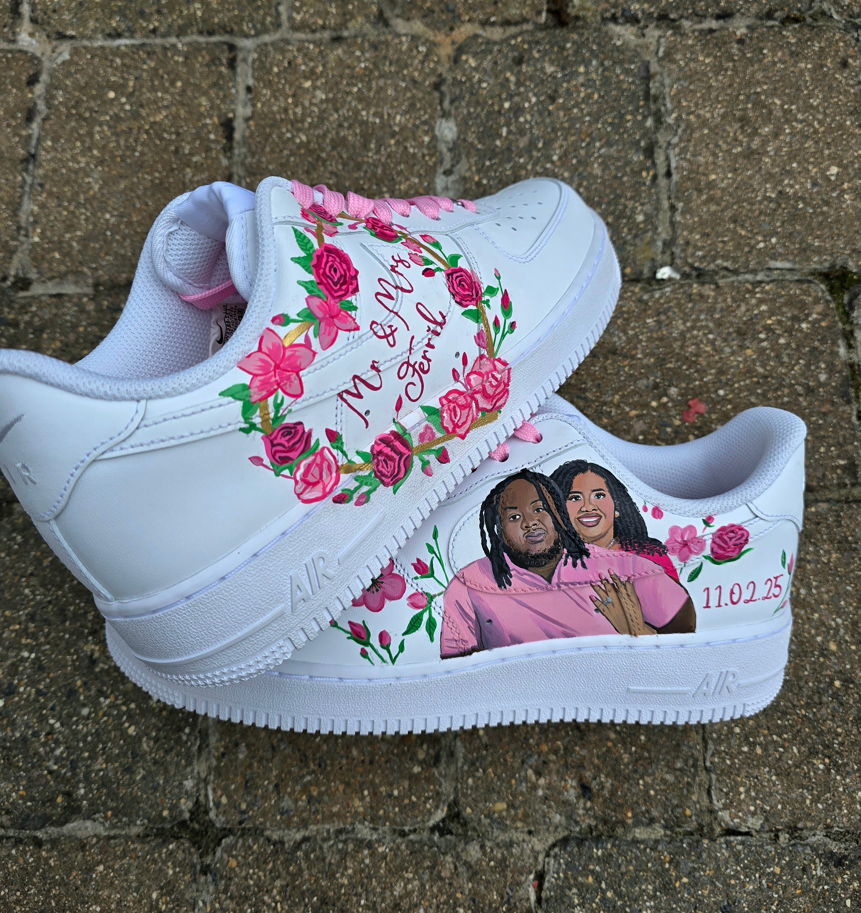 Hand-painted custom Nike Air Force 1 wedding sneakers featuring "Mr. & Mrs." text, pink floral artwork, optional bride and groom portrait, and romantic personalized detailing; ideal for weddings, anniversaries, and bridal events; white AF1 base with pink laces and custom florals.

