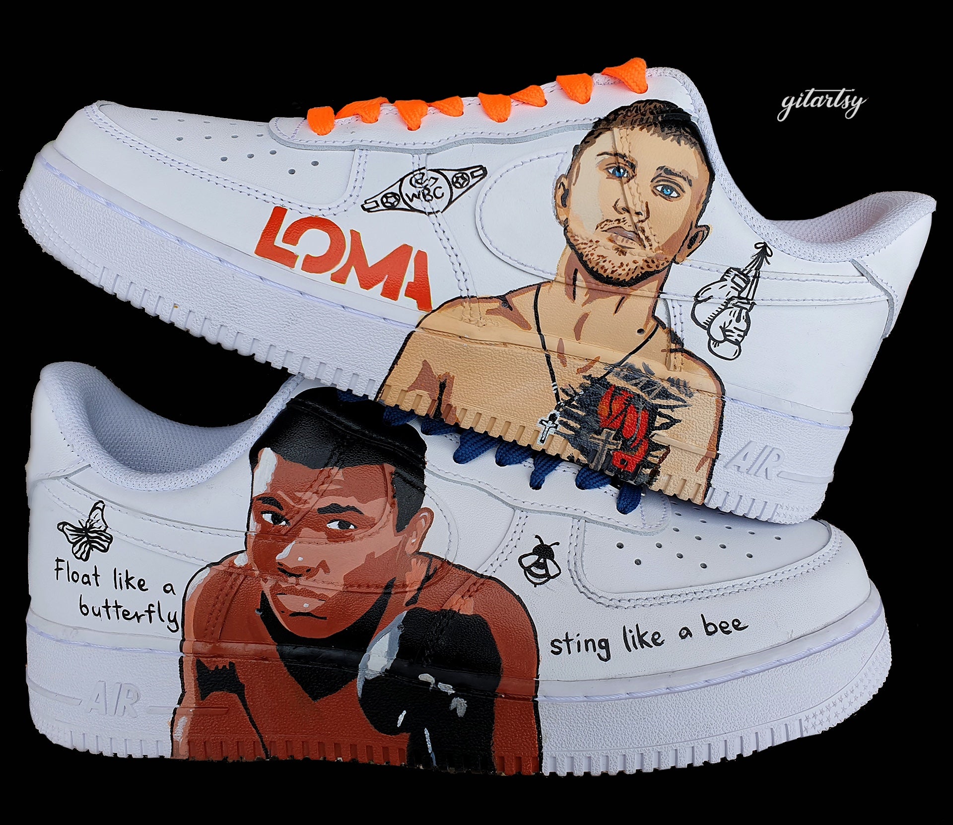 "Hand-painted Nike Air Force 1 sneakers featuring detailed portraits of boxing legends Muhammad Ali and Vasiliy Lomachenko, custom artwork with boxing gloves, quotes, and championship symbols, by Gitartsy."

