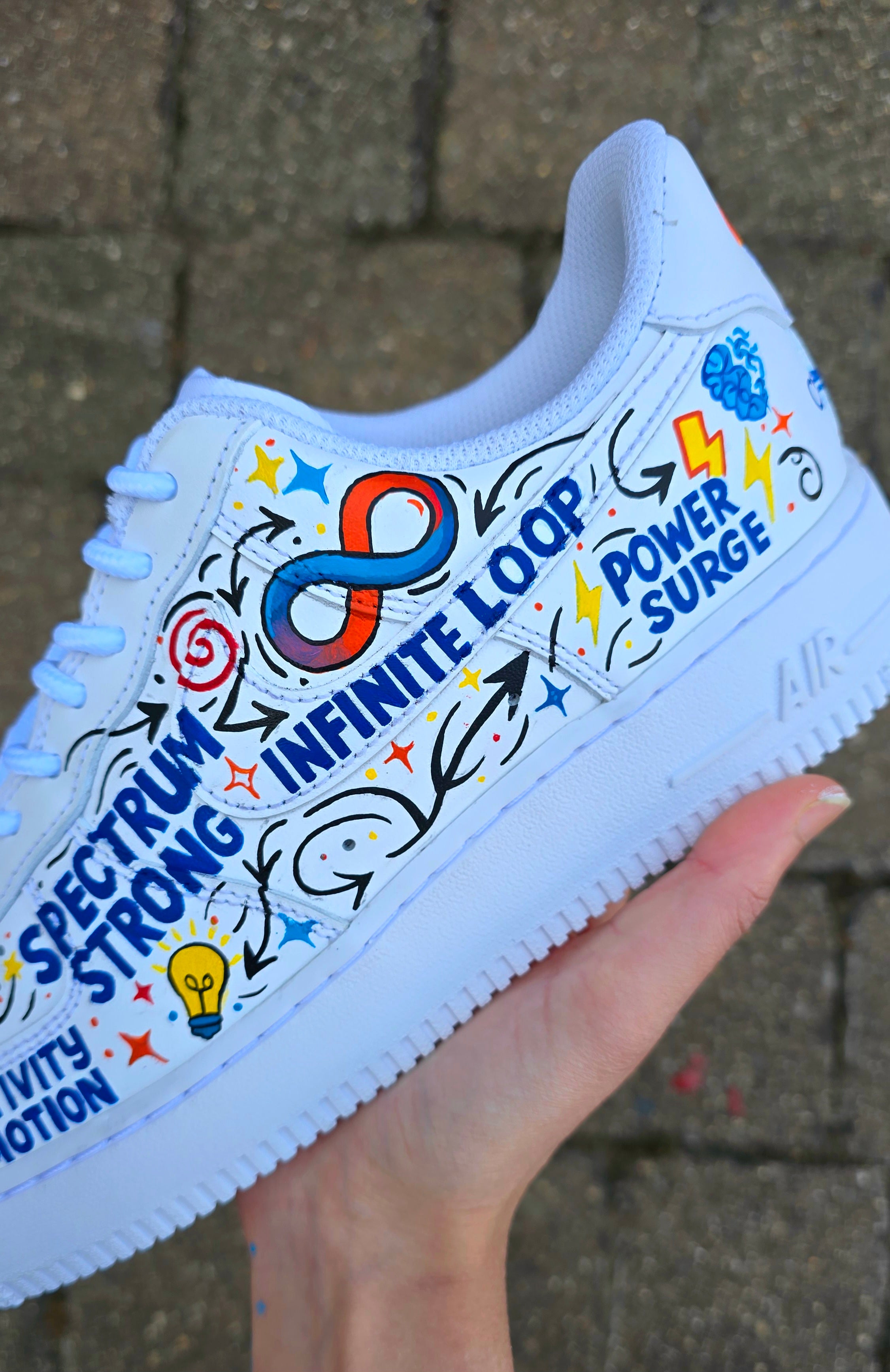 Custom hand-painted Nike Air Force 1 sneakers featuring a vibrant ADHD and Autism awareness design. Includes colourful puzzle pieces, infinity symbols, inspirational typography, and Chelsea FC Foundation branding. Crafted using waterproof and UV-protected leather paints for long-lasting wear. Each pair is unique, representing creativity, inclusivity, and neurodiversity. Perfect for collectors, awareness events, and personal expression.

