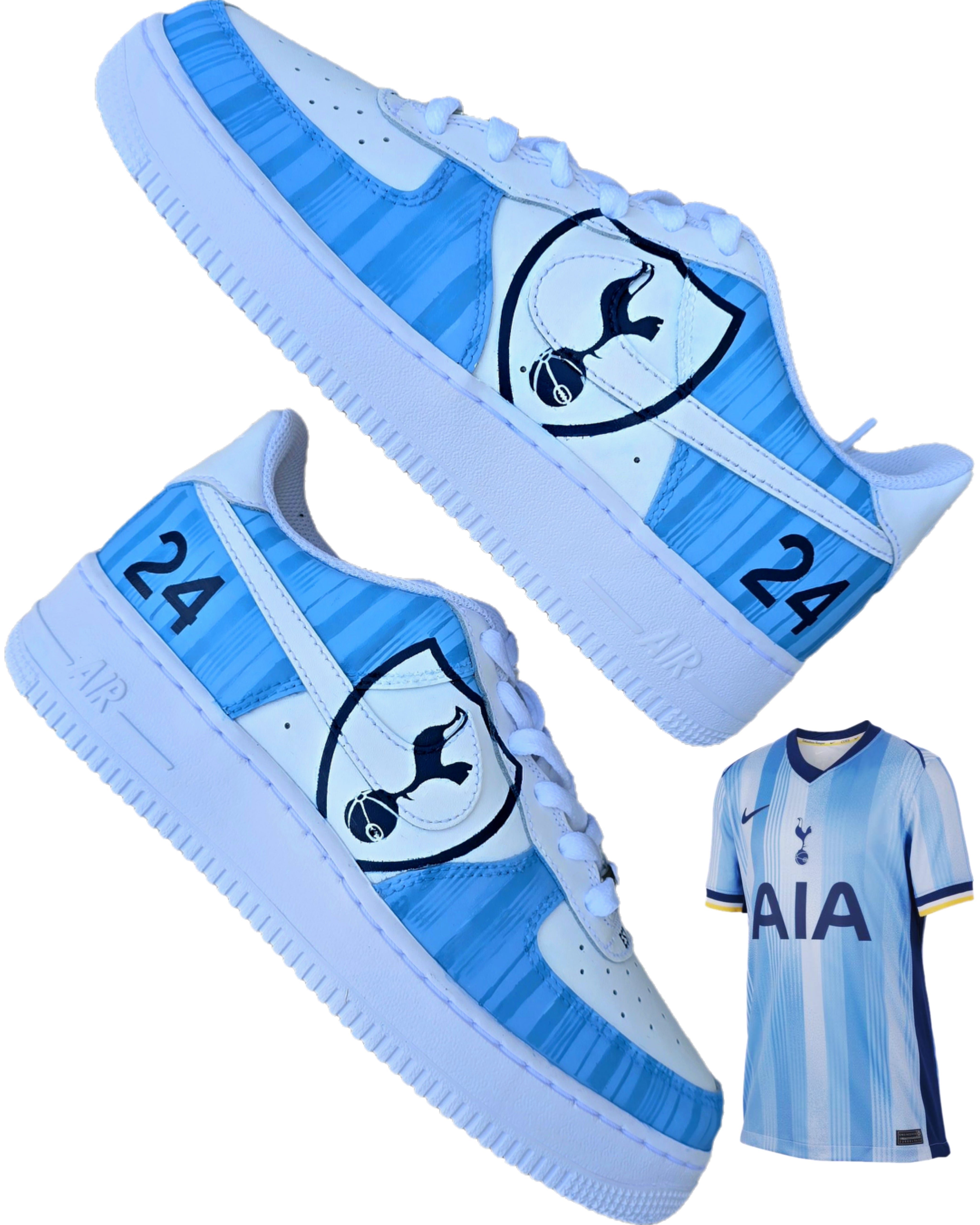 Custom hand-painted Nike Air Force 1 sneakers featuring Tottenham Hotspur-inspired design with blue stripes, the Spurs logo, and personalised number "24" – football-themed streetwear by Gitartsy.