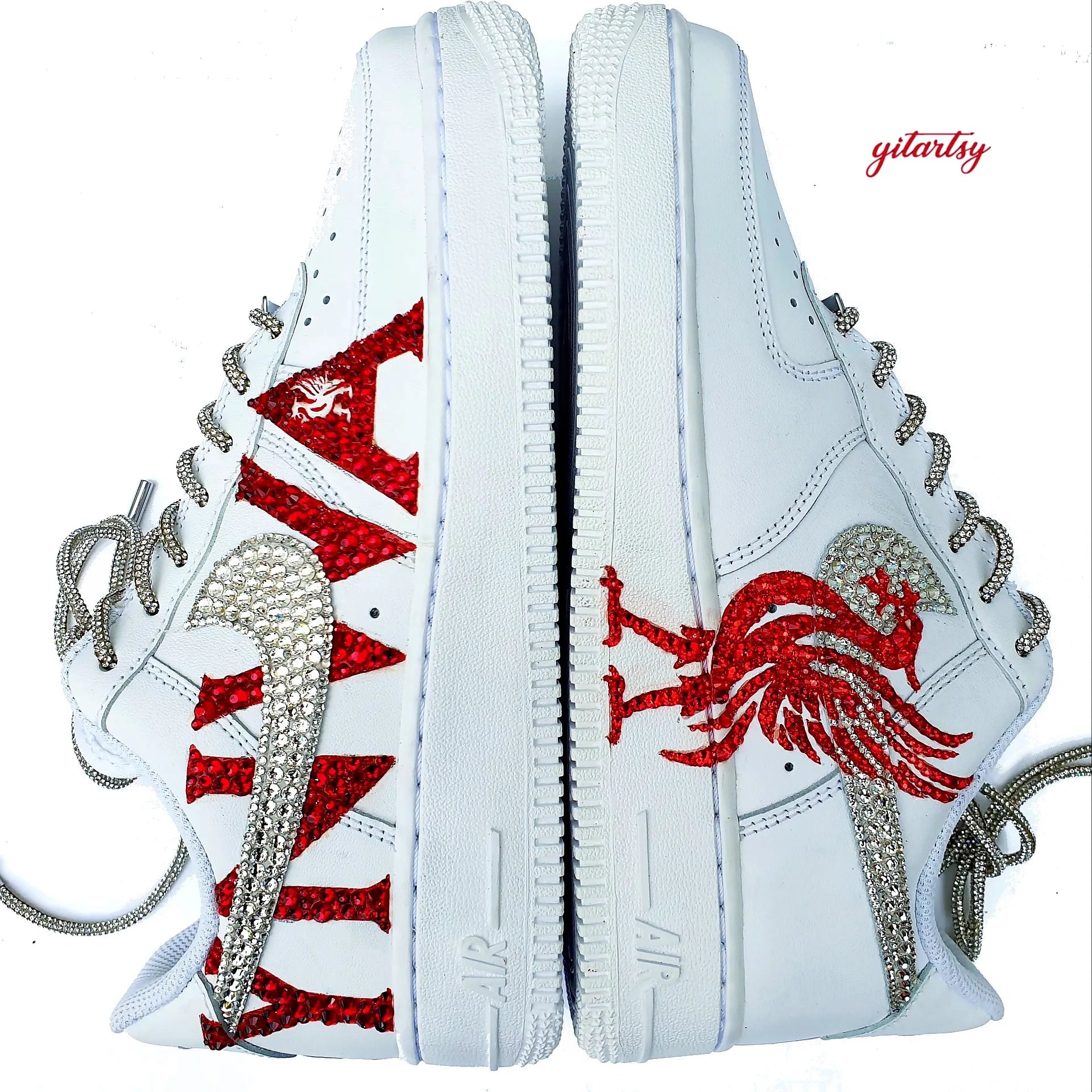 Hand Painted Crystal Liverpool FC Nike AF1 sneakers - made with rhinestones on Liverbird and YNWA letters