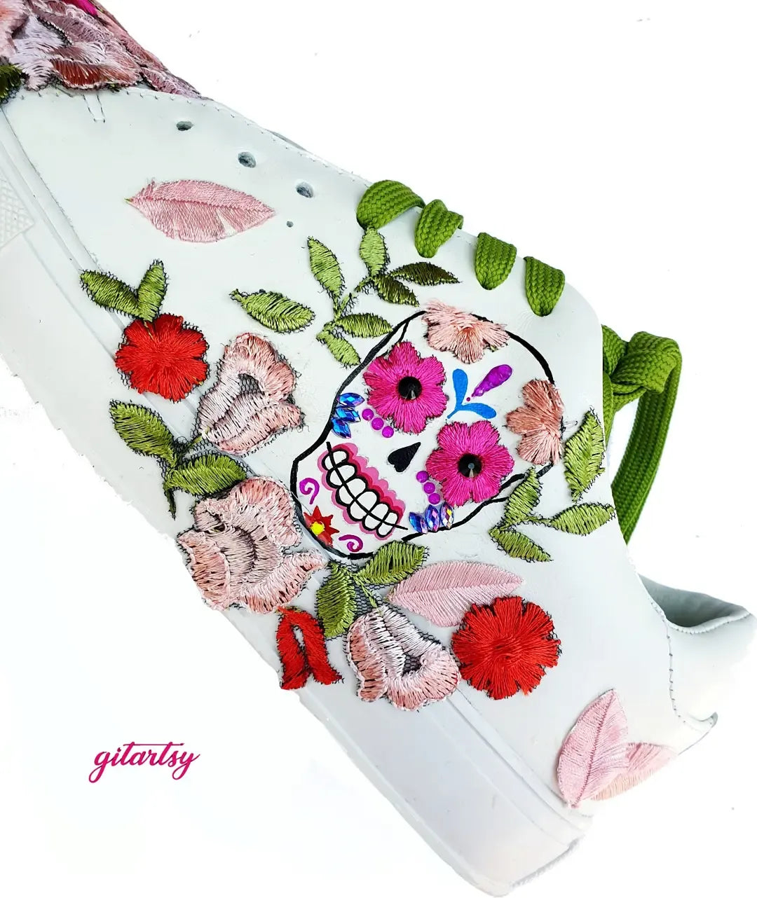 Hand made bespoke Frida Kahlo custom sneakers with Mexico skull and floral patches - side view