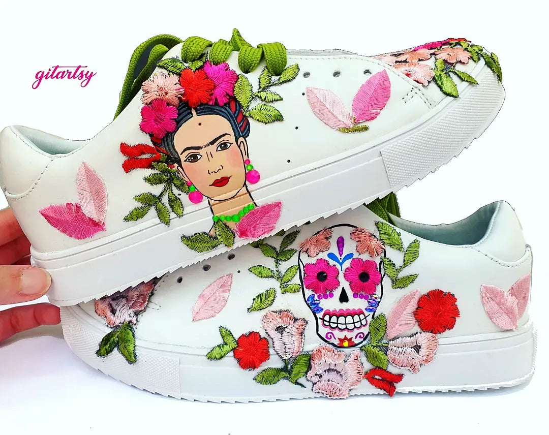 Hand made bespoke Frida Kahlo custom sneakers with Mexico skull and floral patches - side view