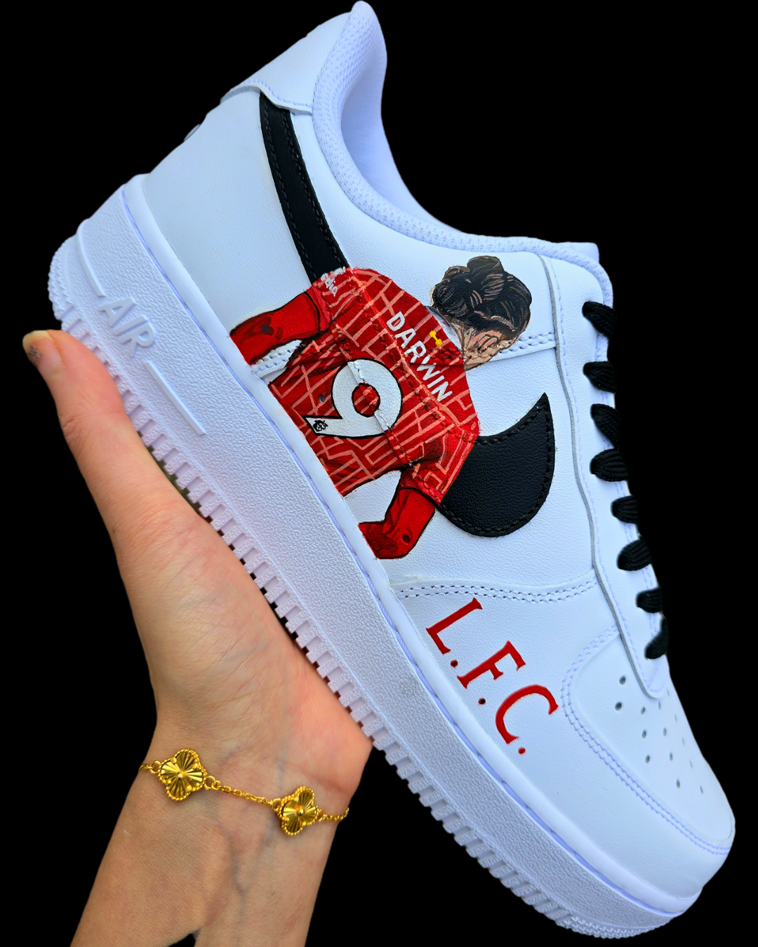 Hand painted custom Nike AF1 sneakers 
with a realistic portrait of footballers Darwin Núñez back