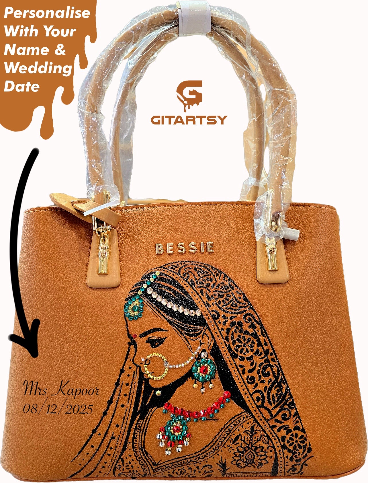 Hand painted bessie London tan brown bag with indian bride illustration and shiny crsystals and rhinestones on the jewellery 