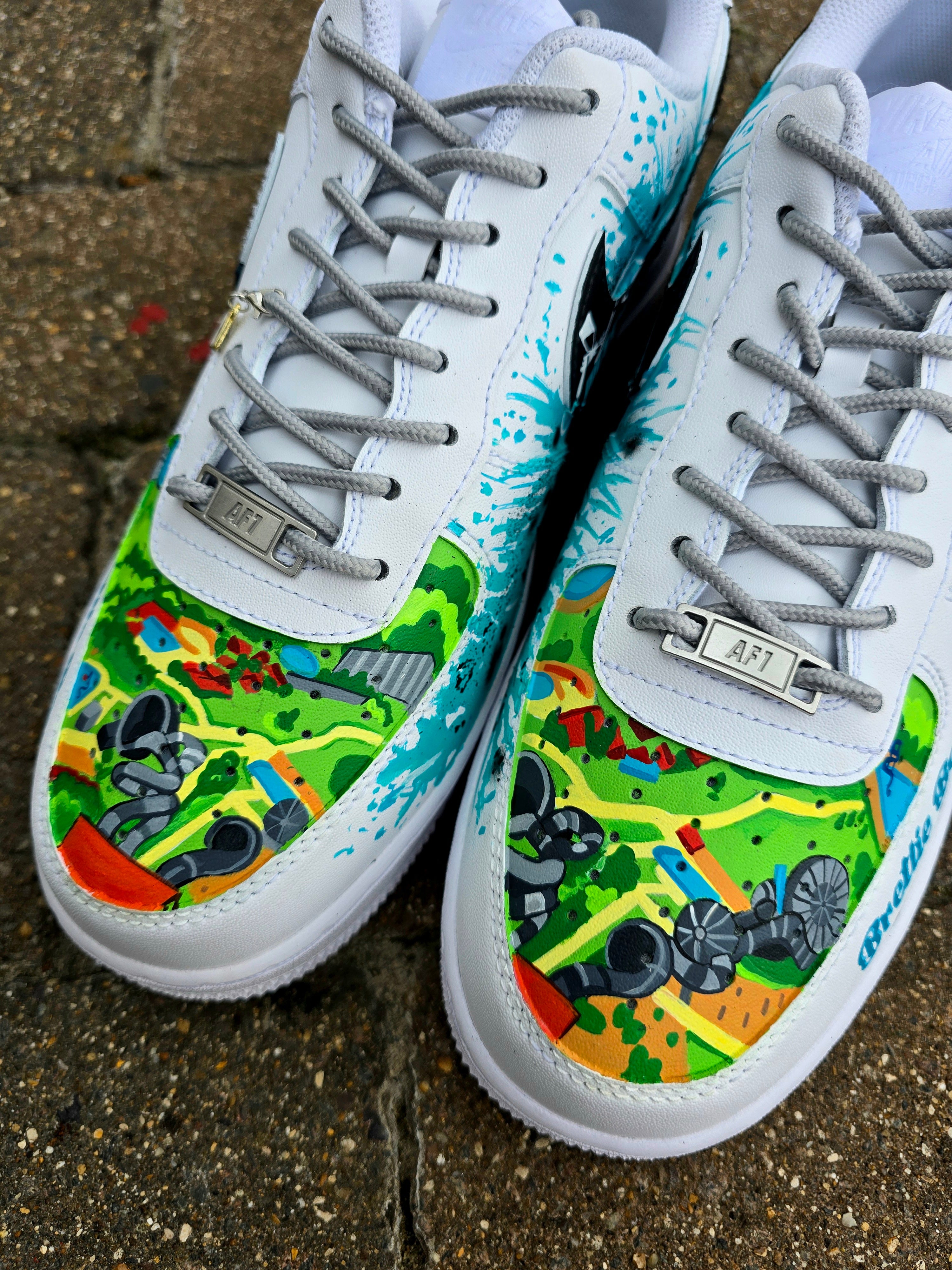 Custom hand-painted Nike Air Force 1 sneakers featuring a Lamborghini-inspired design 🏎️ and spray painter artwork 🎨. Created by Gitartsy using premium leather paints, sealed for durability, and fully customisable with personal details such as car models, colors, and text. Perfect for car enthusiasts 🚗, sneaker collectors 👟, and streetwear lovers seeking one-of-a-kind footwear.

