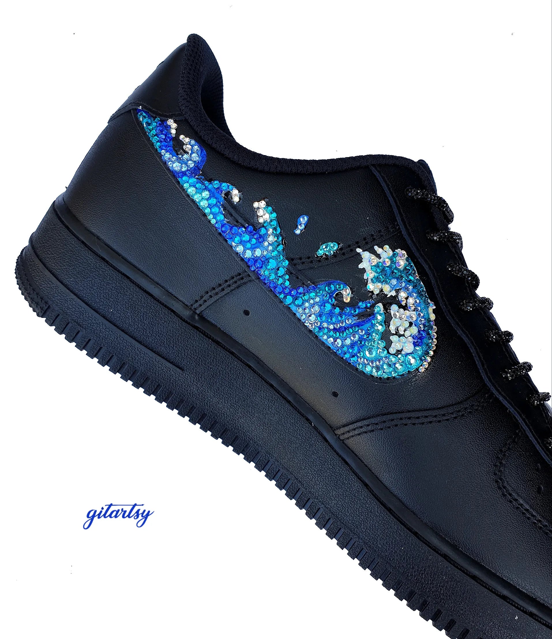 Black Nike Air Force 1 sneakers hand made with crystals and rhinestones - water waves and fire flames design - blue, red and yellow