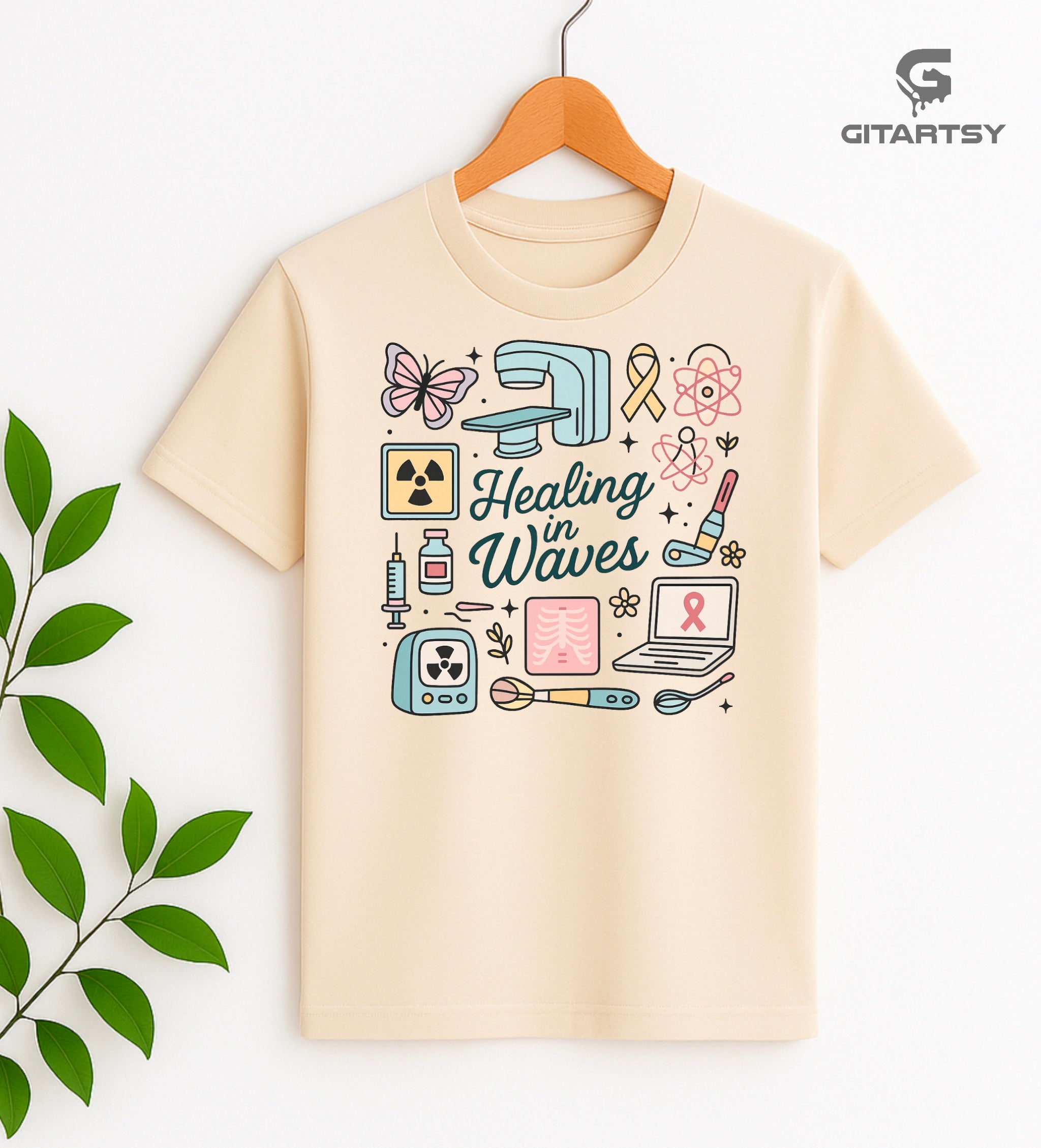 Radiotherapist pastel T-shirt with radiation icons, X-ray machine, and "Healing in Waves" text.