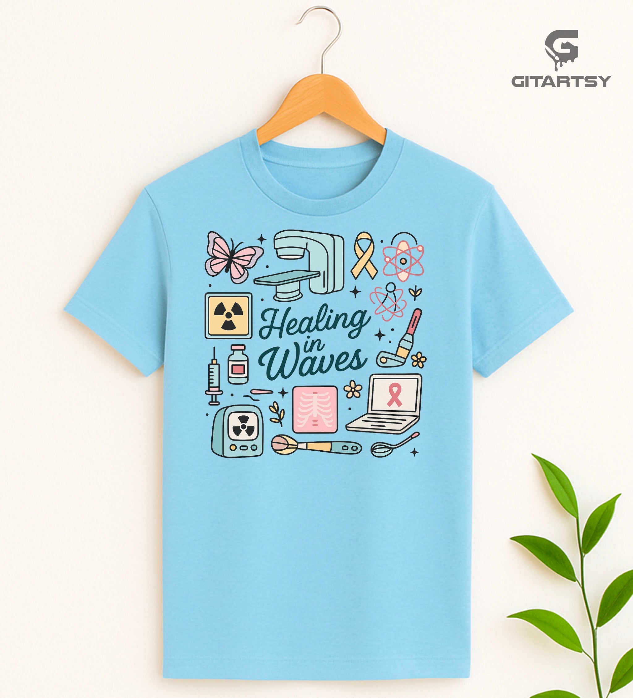 Radiotherapist pastel T-shirt with radiation icons, X-ray machine, and "Healing in Waves" text.